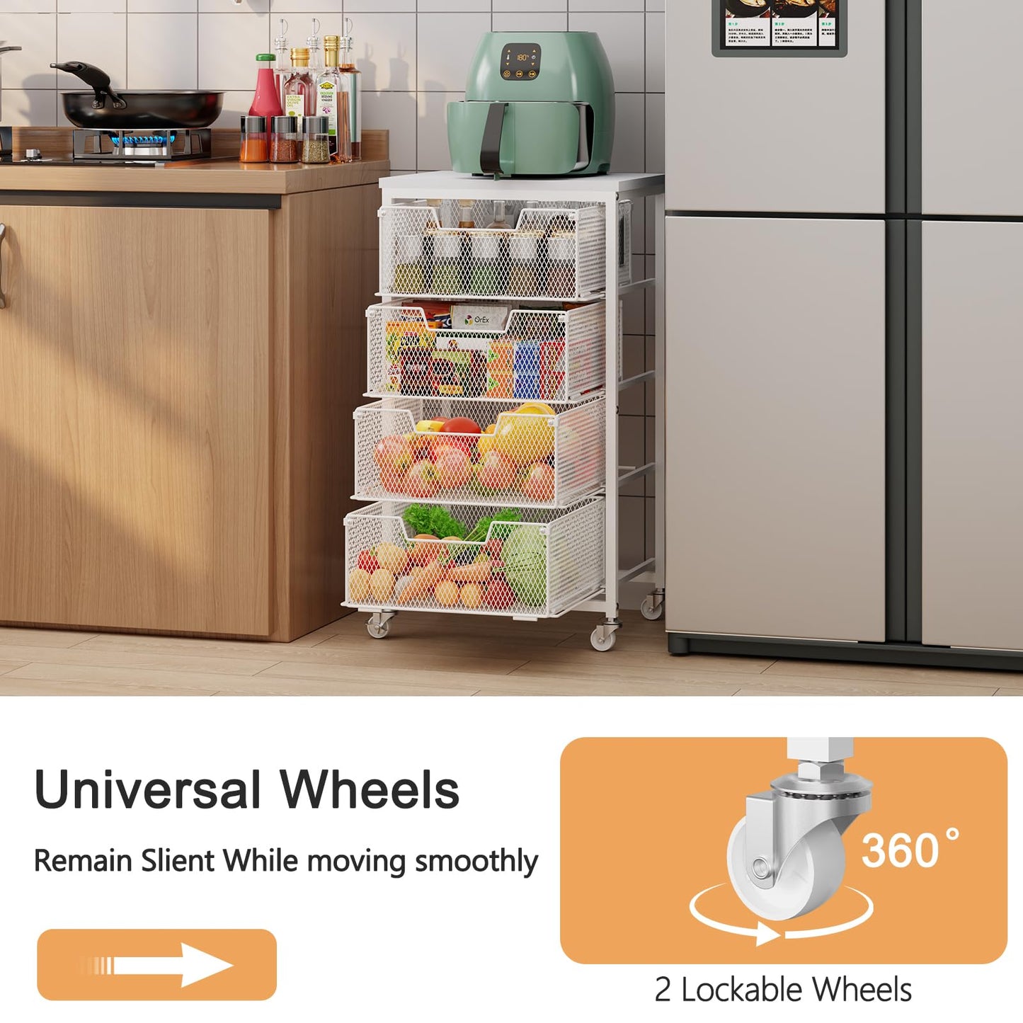 4-Tier Kitchen Storage Cart - Fruit Vegetable Storage Cart with Drawers, Wooden Top Metal Wire Kitchen Organizer and Storage Cart with Wheels to Storage Onions Potatoes Cans Snacks for Kitchen