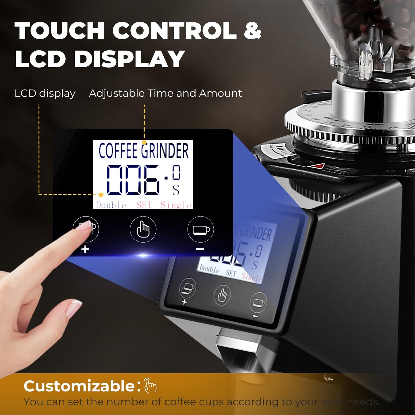 Flyseago Commercial Coffee Grinder Electric - 64mm SS Flat Burr, Digital Touch Screen, 19 Adjustable Settings, 35oz Large Hopper, Black