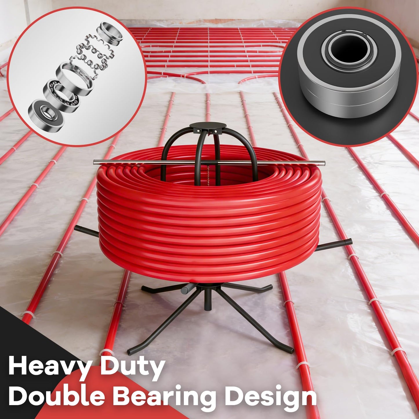 Heavy Duty PEX Pipe Uncoiler with Carry Bag & Hold-Down Bar, 500 lb Load Capacity Full Size Steel Piping Uncoiler for 3/8”–1” PEX Tubing, Foldable Radiant Floor Heating Tube Reel Dispenser
