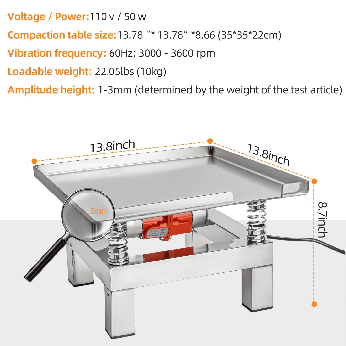 Helivivfy Concrete Vibration Table, 13.8 * 13.8 Inch Mini Vibrator 50W Stainless Steel Copper Wire Motor Vibration Test Bench for Resin Plaster Mold Compaction Platform