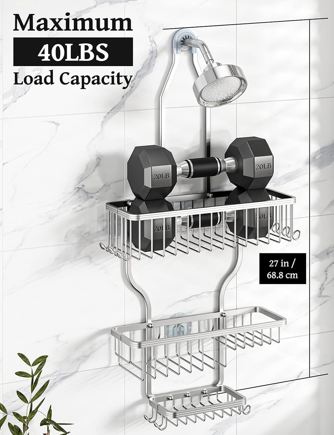 YASONIC Shower Caddy - Rust-Resistant Aluminum Organizer with 10 Hooks & Soap Basket - Silver