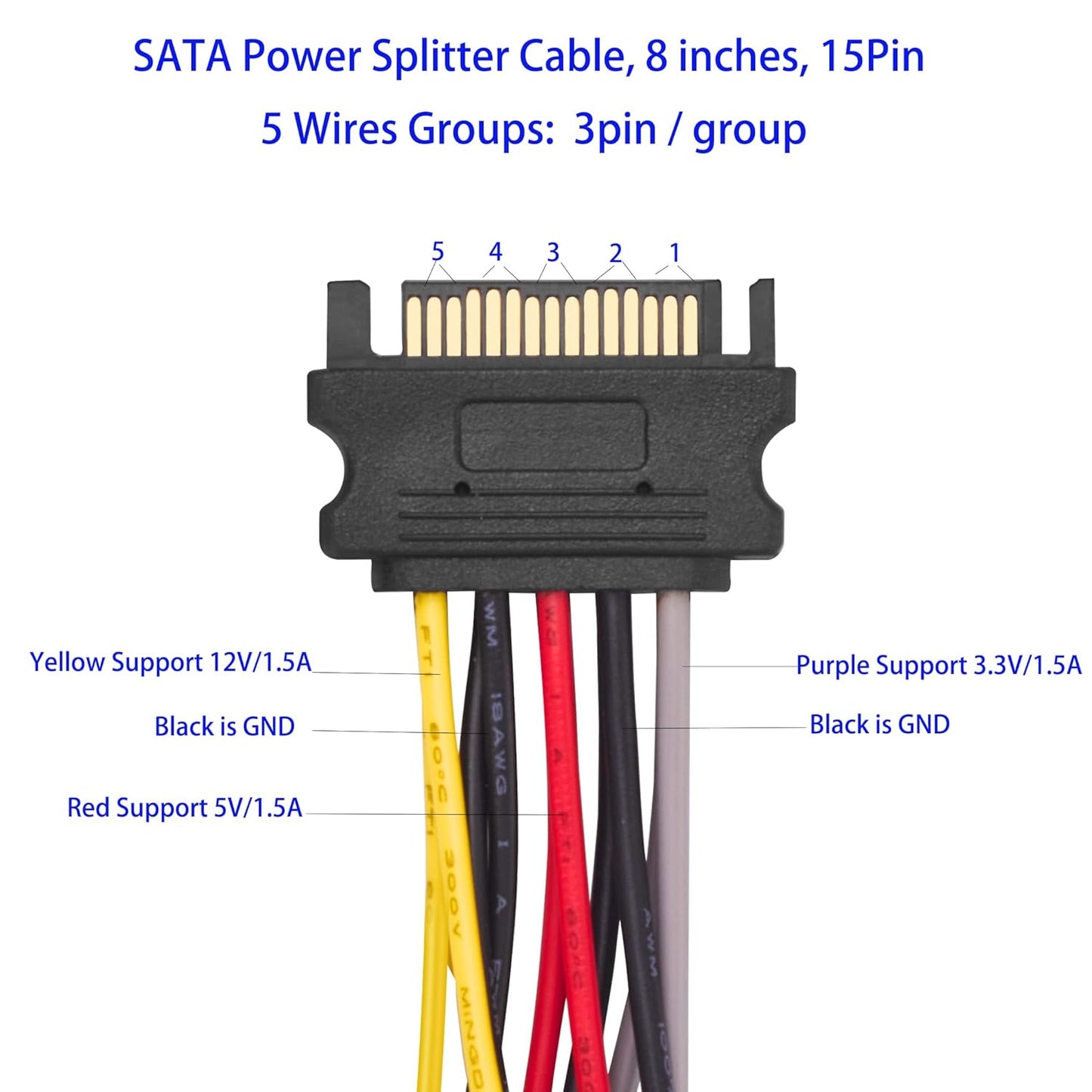 Menewstart 2 8 Inches, 3-Pack, 15 Way SATA Power Splitter Cable Pin SATA Power Y-Splitter Cable, Power Supply