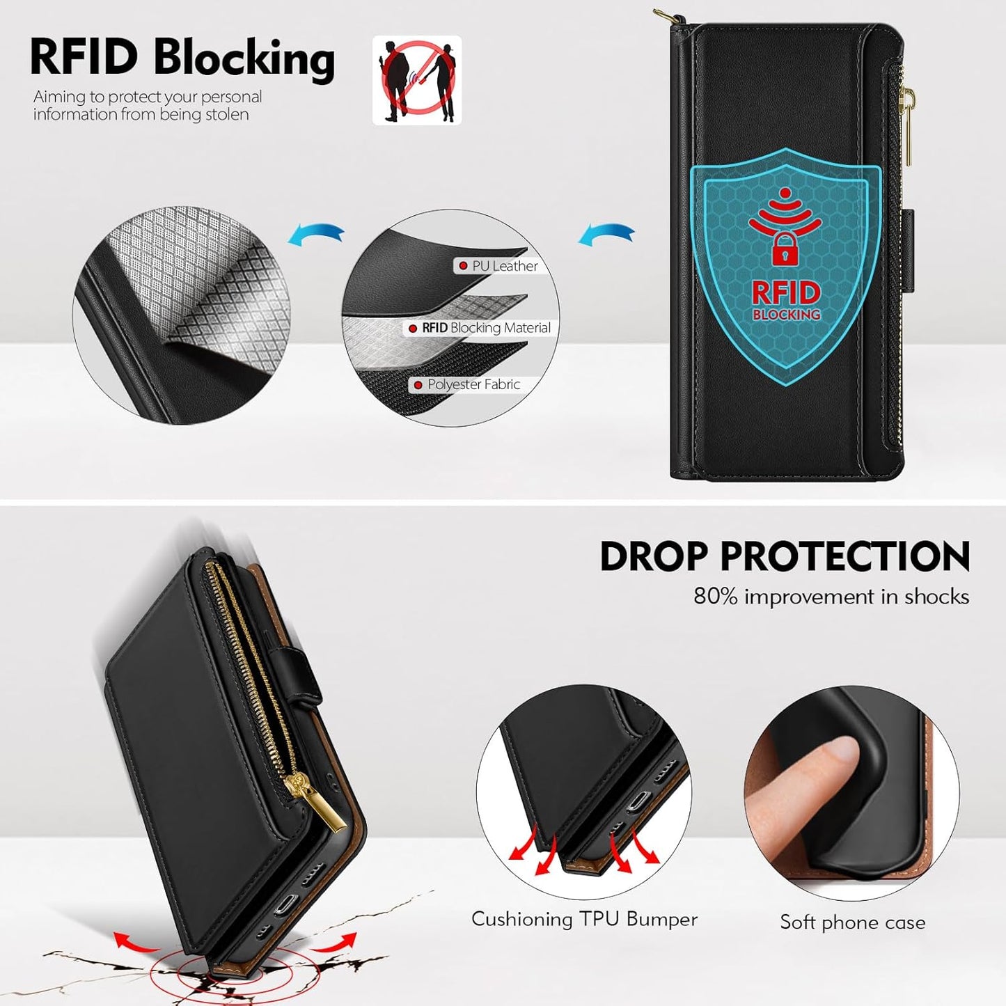 Antsturdy 15 15 6.1",(Black) Compatible with iPhone Wallet Case Card HolderRFID Blocking PU Leather Phone Case Women