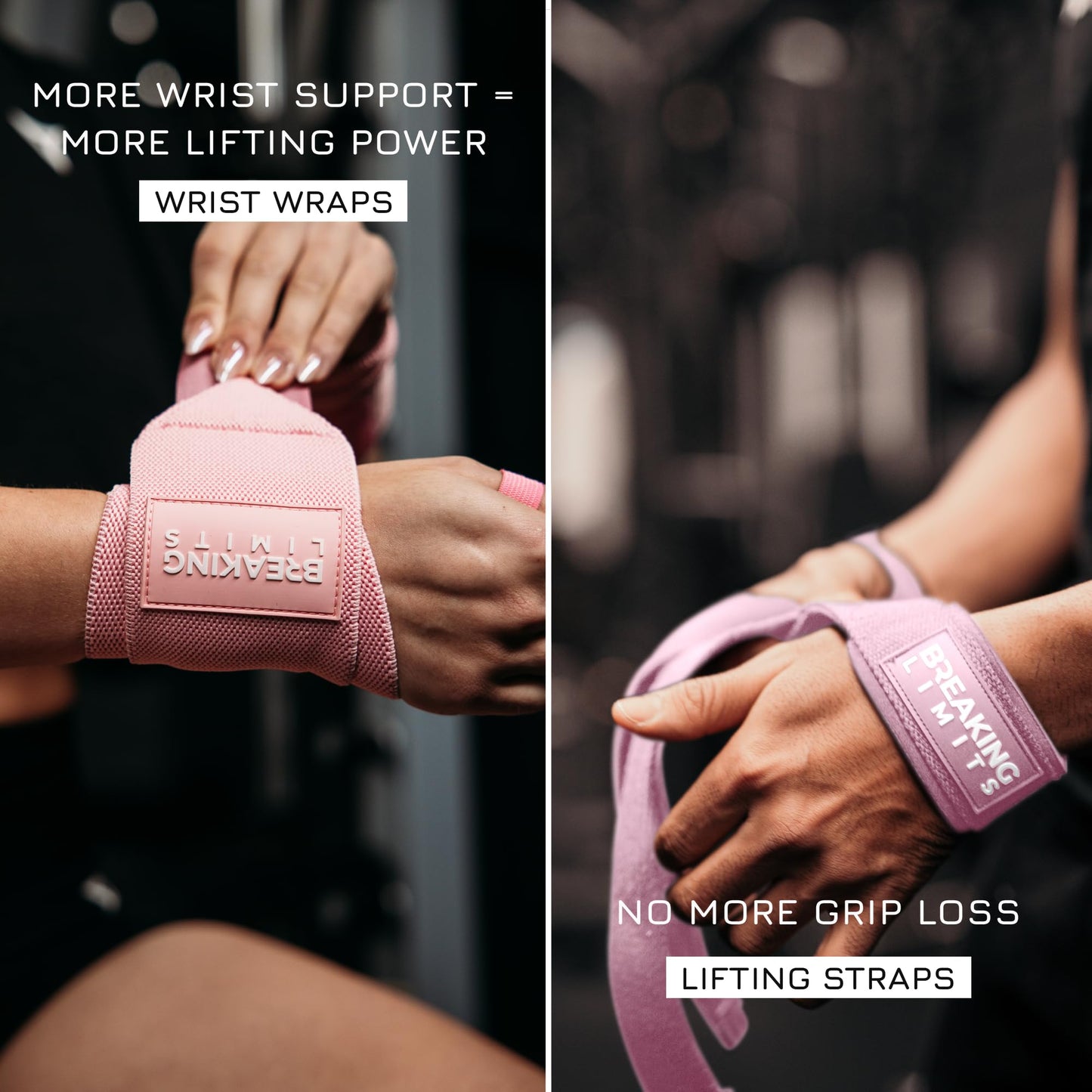 Breaking Limits Gym Straps Weight Lifting Wrist Wraps Bundle – Workout Lifting Straps for Deadlift – Wrist Straps for Weightlifting Men & Women - Muñequeras Para Gym (Pink)