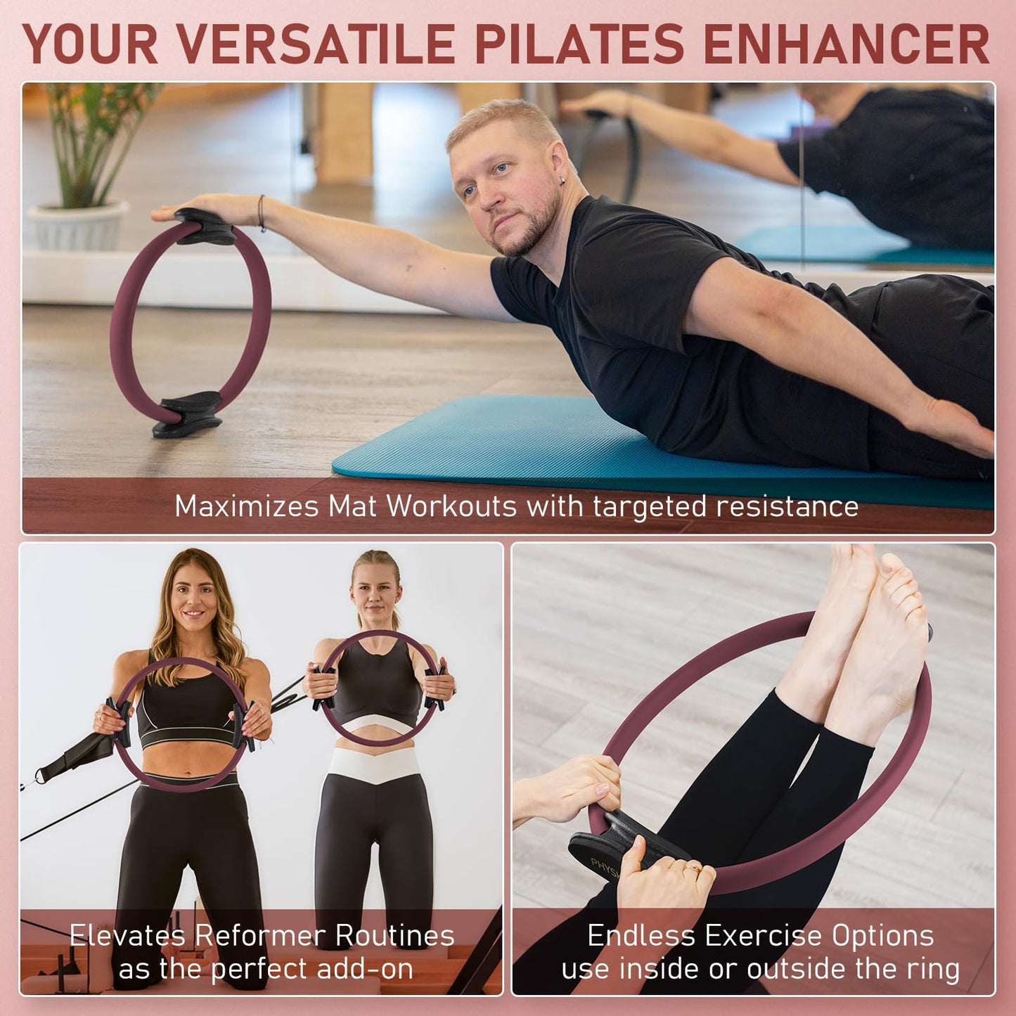 PhysKcal Pilates Ring, 15-Inch Magic Circle with Extra Thick Padded Handles, Pilates Equipment for Toning Inner Thighs, Arms and Strengthening Cores- Workout Guide Included (Plum)