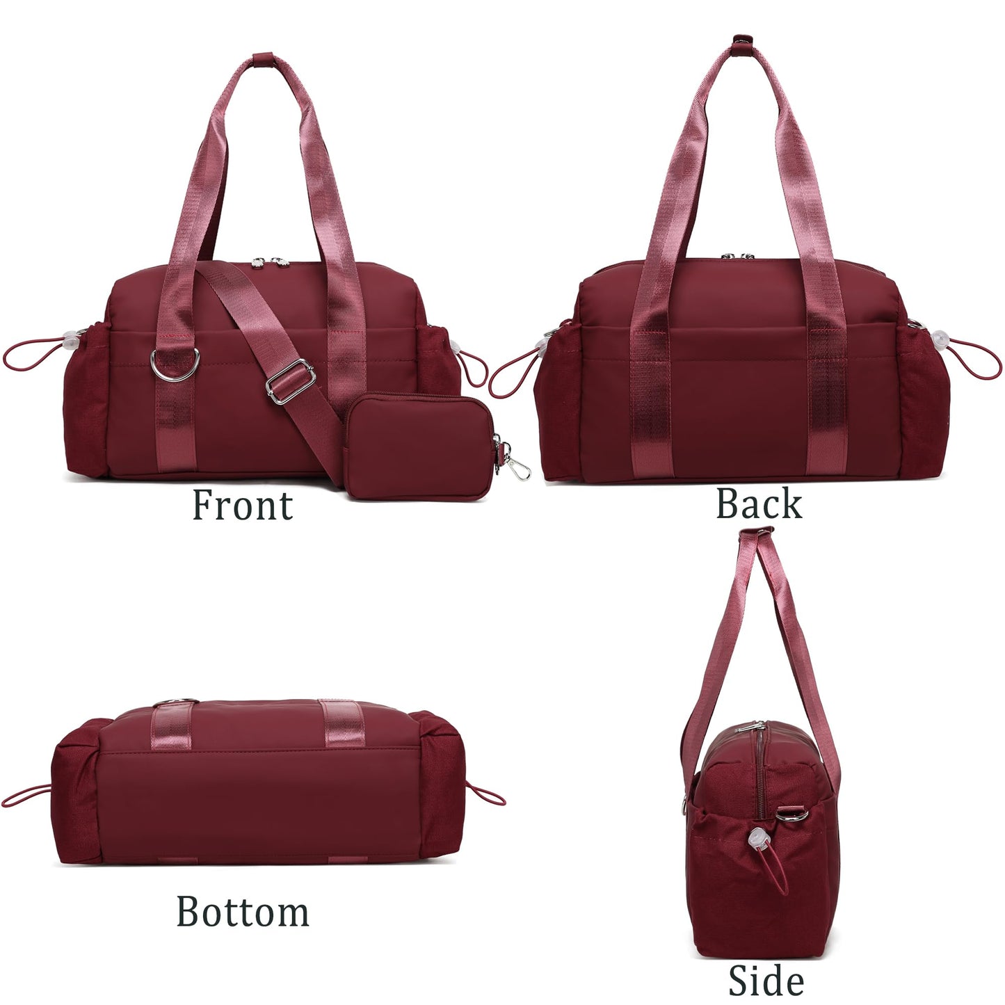 ERTUNA Everyday Mini Gym Bag for Women 2.0, Small Tote with Zipper Compartment Waterproof Travel Duffle Cute Handbag Workout Carry On with Removeable Shoulder Strap & Coin Wallet Easy to Clean-Wine