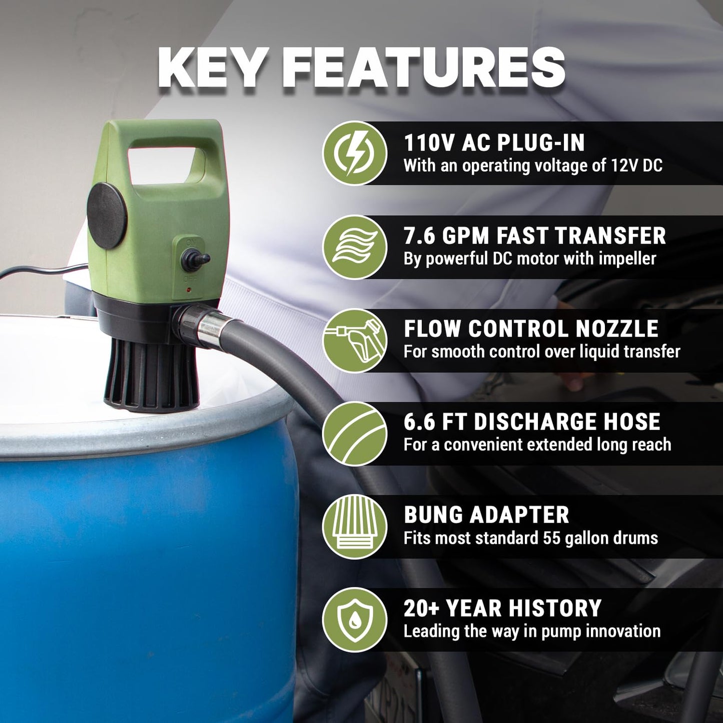 TERA PUMP Electric DC20V Drum Transfer Pump, Intake Filter-equipped, 55 Gallon Drums, Flow Control Nozzle, 7.6 Gal/Min