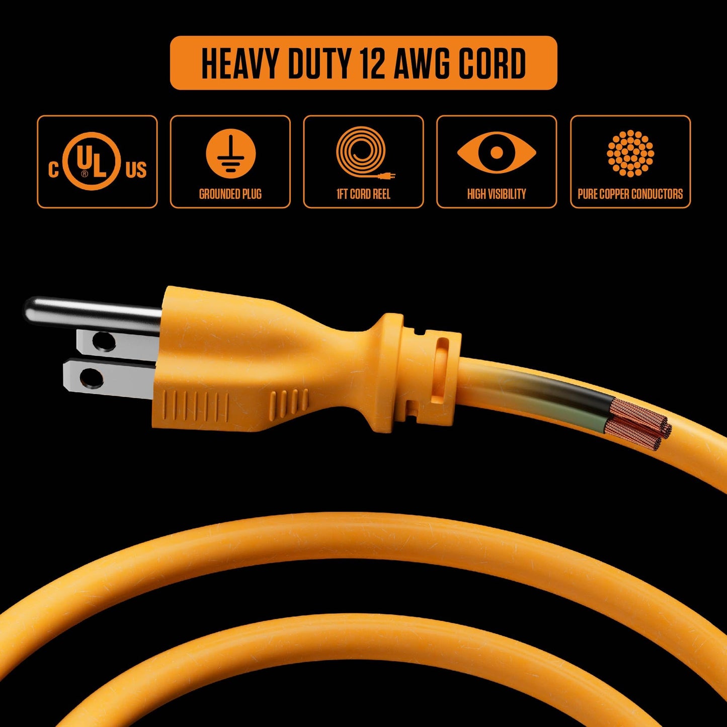 Masterplug 1ft Cord Reel, Metal Cable Drum, Retractable Extension Lead with Winding Handle, Safety Overload Circuit Breaker and Power Switch, 4x Grounded Outlets, 15amps, 12AWG Cable