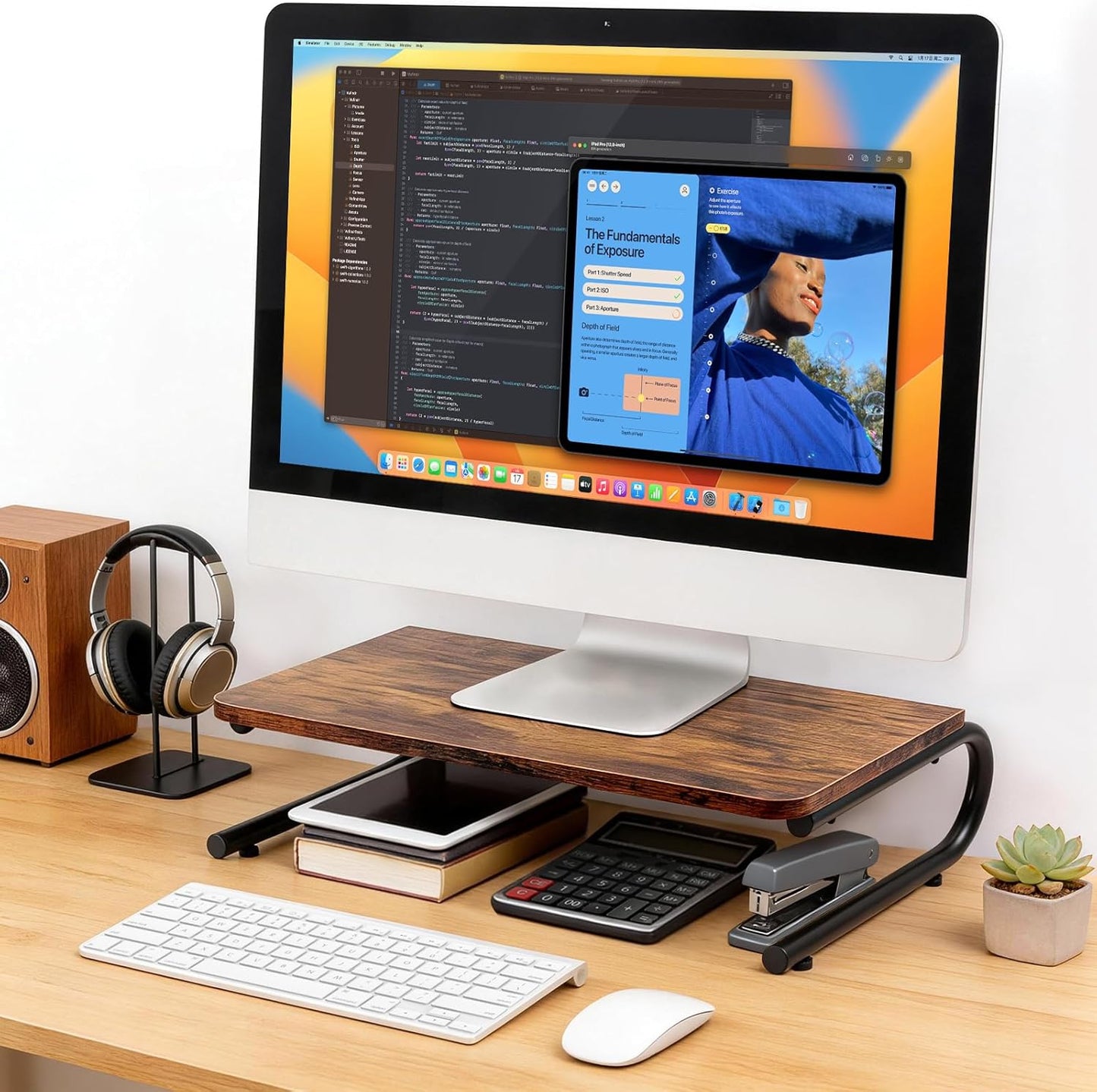 ARCOBIS Monitor Riser for Desk, Wood & Metal Computer Monitor Stand, Laptop, PC, Printer Stand Riser, Rustic Brown
