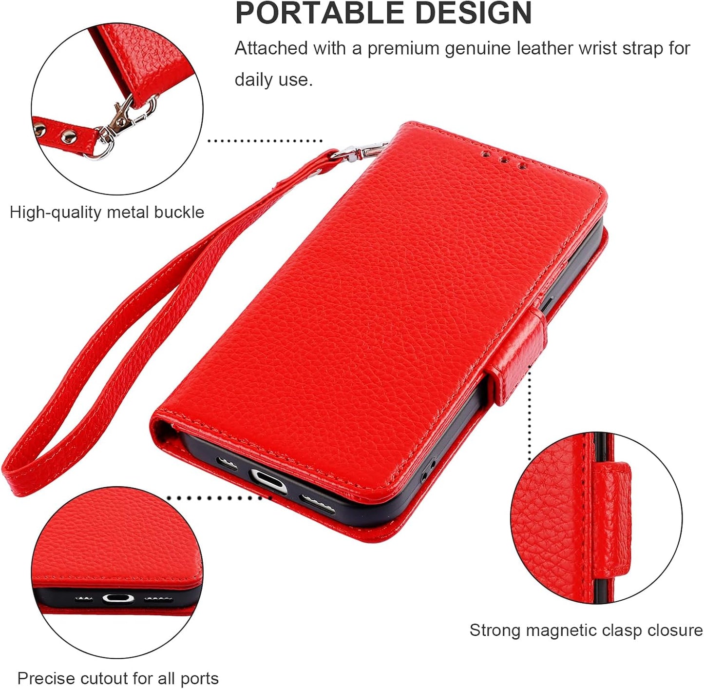 Bocasal 15 5G, 6.1 Inch Wallet Case for iPhone Genuine Leather Support Wireless Charging RFID Blocking Flip Case Card