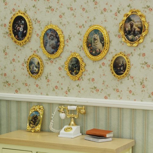 iLAND 1/12 Scale Dollhouse Accessories - 7 Miniature Frames with 14 Pictures Set | Classic Golden Decor
