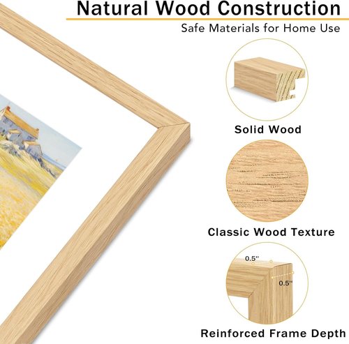 JCJMY 5x7 Solid Wood Picture Frame Set of 2 - Display 4x6 with Mat or 5x7 Without Mat | Natural Finish