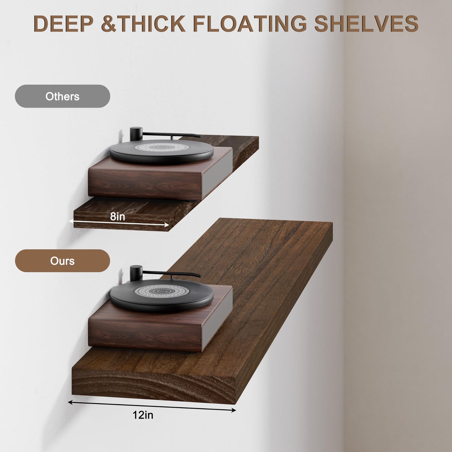 TEDIDUWA 60 Inch Extra Long Floating Shelves, Set of 2 Deep Floating Shelves 12in Depth, Floating Shelves Long Heavy Duty Wood Shelves for Wall, Solid Wood Walnut Finish