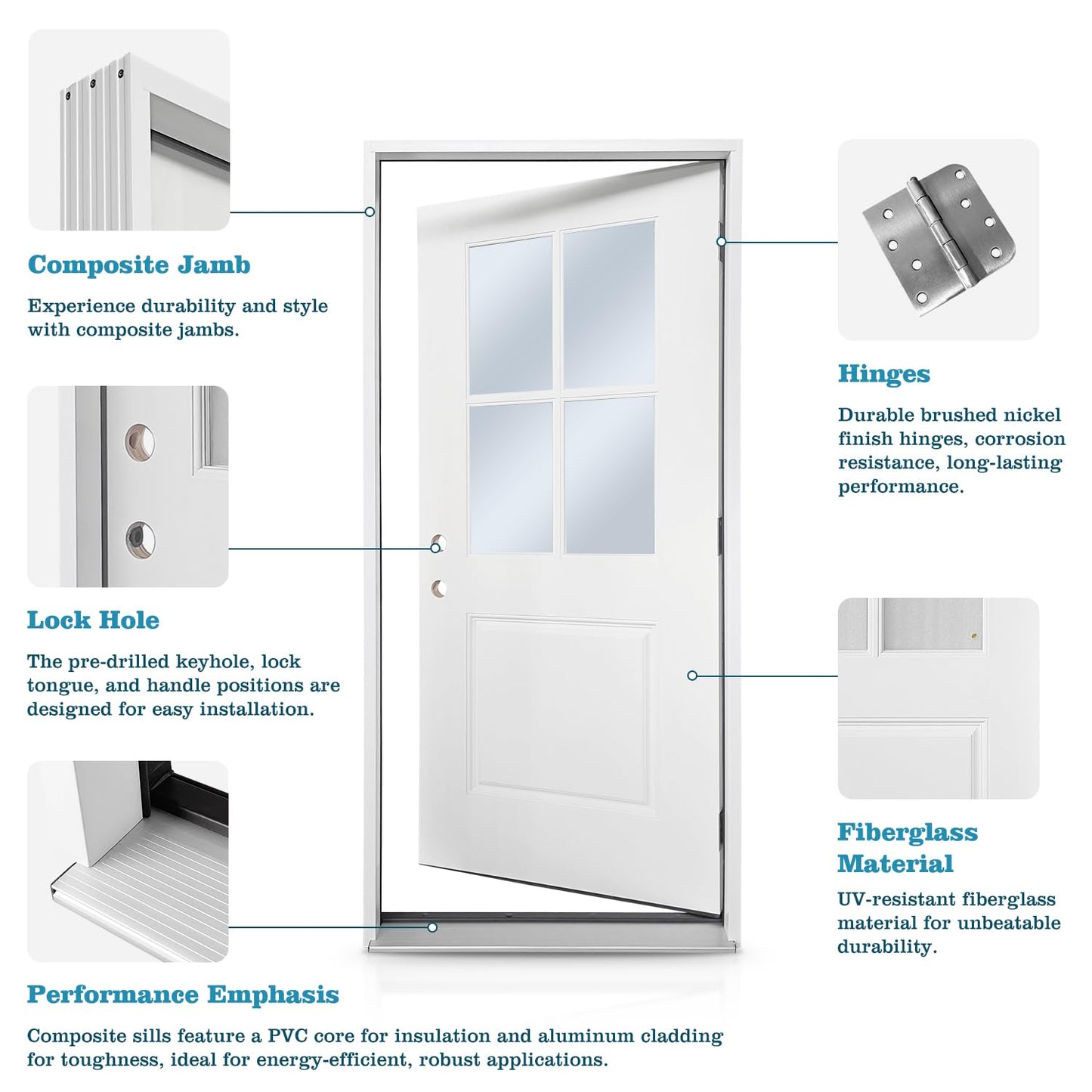 36 x 80 Inch Prehung Fiberglass Front Door, 4-Lite Clear Glass, White Primed Exterior Entry Door, All-Weather Resistant, Right Hand Inswing