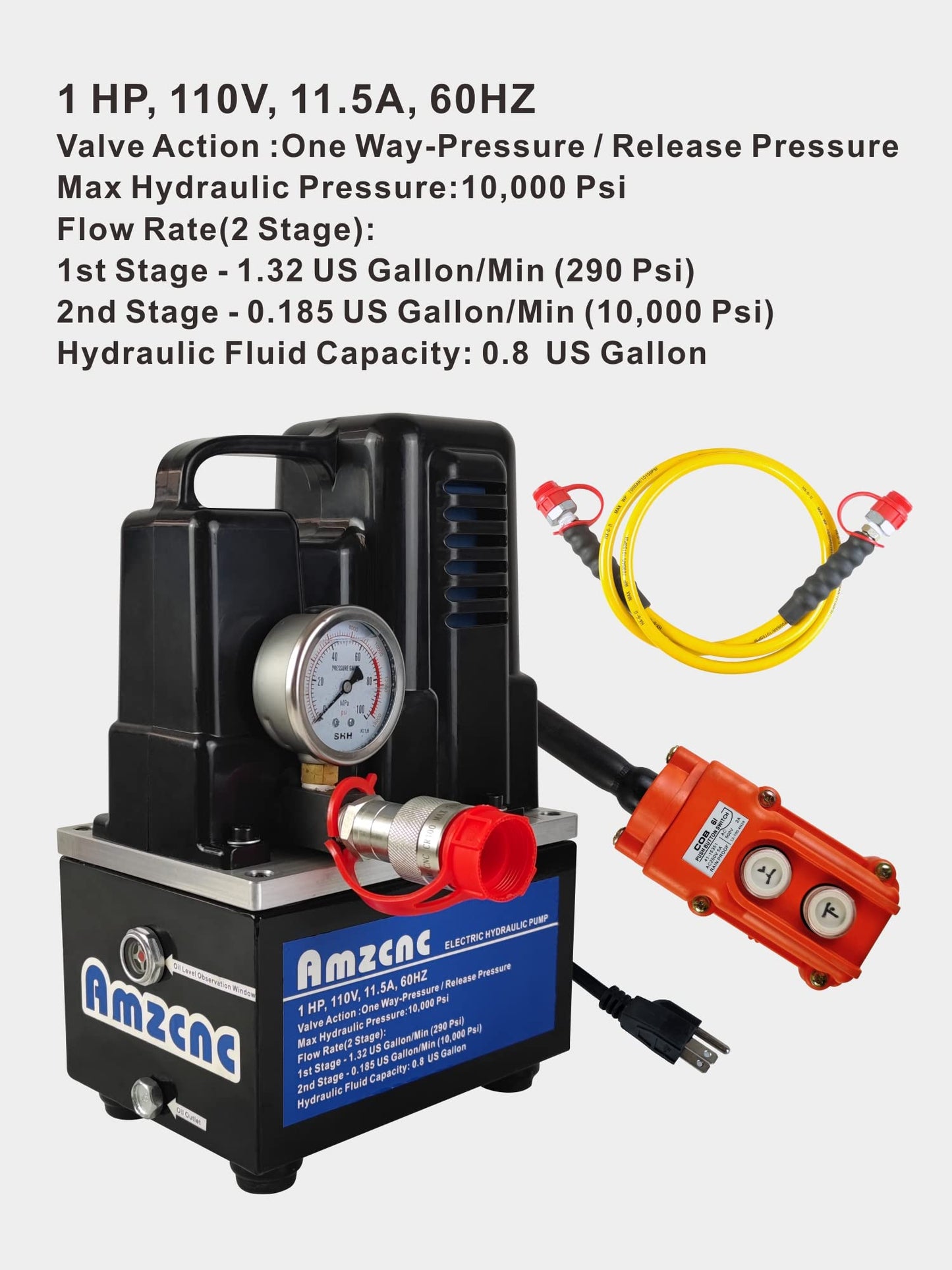 AMZCNC Electric Hydraulic Pump Power Pack Unit 2 Stage Single Acting 110v/120v 10k psi (10000Psi One Way Mini)