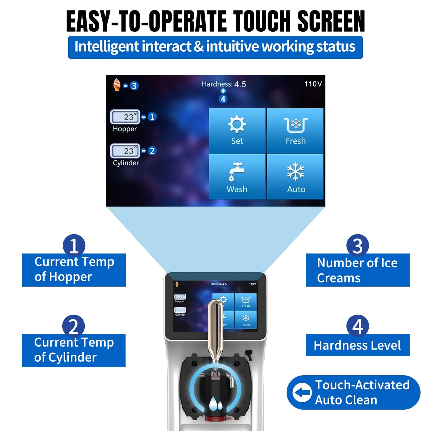 XPW Commercial Ice Cream Machine - 1000W 110V Single Flavor Soft Serve Ice Cream Maker Machine 2.7 to 4 Gal/H Touch LCD display & Auto Clean Soft Serve Maker Perfect for Bars Restaurants - White
