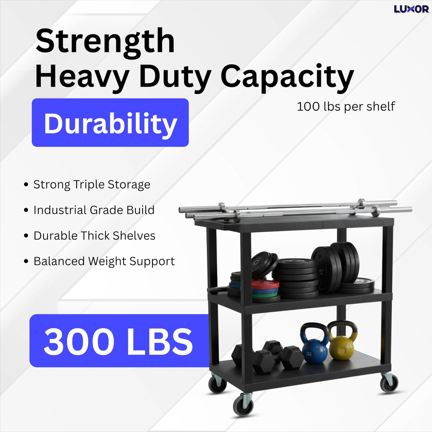 Luxor EC222-B Multipurpose Utility Cart, 32" x 18", 1.62" Thick Flat Shelves, Ergonomic Push Handle, 4" Full-swivel Casters, Locking Brake, 300 lbs Max Capacity, Black