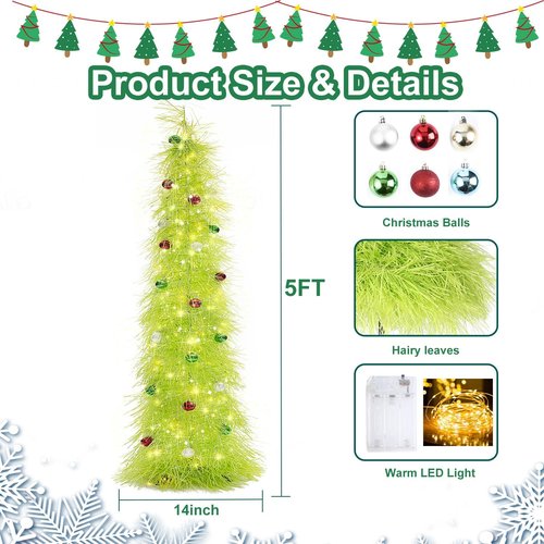 BrilliantJo 5ft Christmas Tree - Collapsible Tinsel Design with Light Balls & Ornaments | Fruit Green Holiday Decor