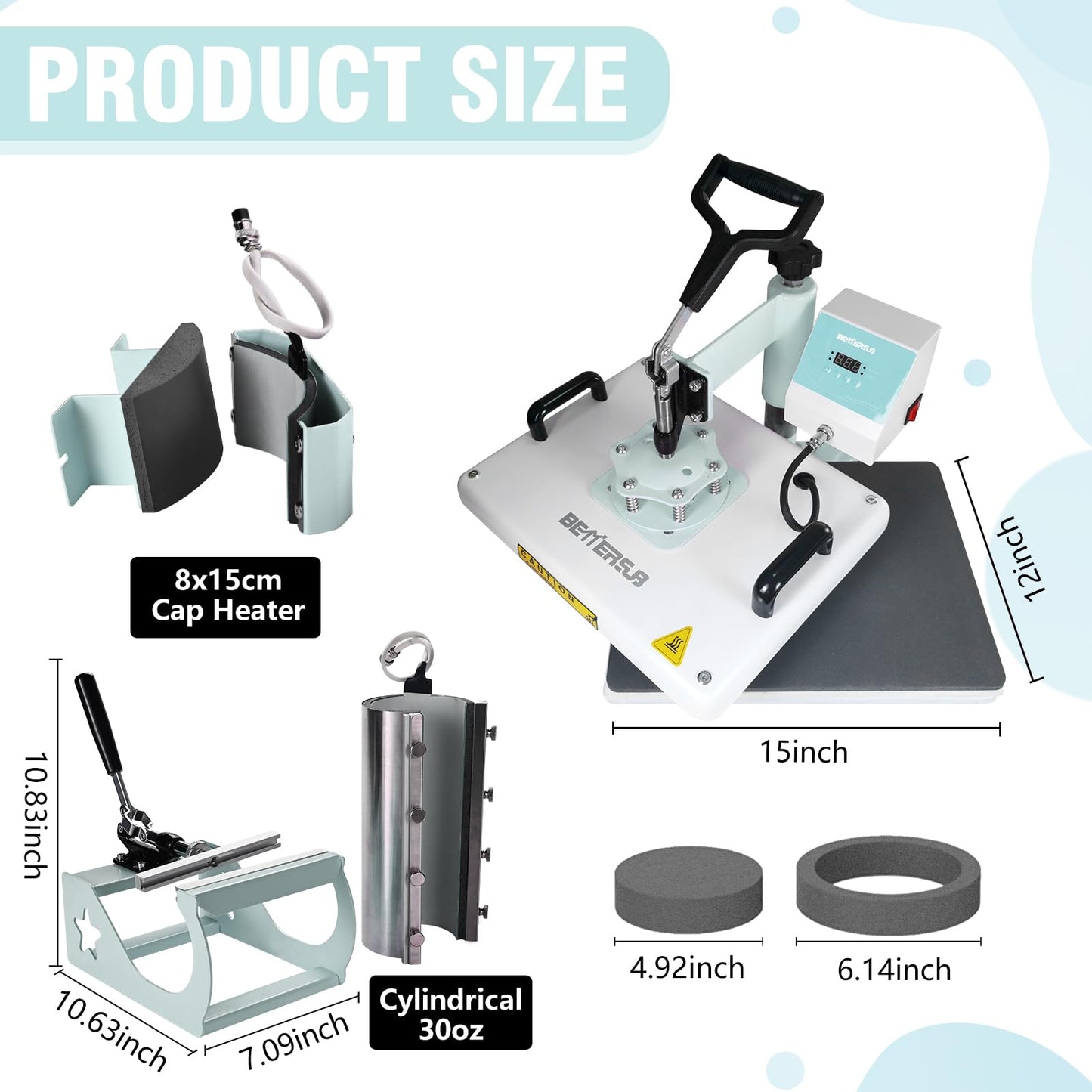 BetterSub Heat Press,5 in 1 Heat Press Machine,T-Shirt Heat Transfer Industrial-Quality Sublimation Machine,360 Degree Swivel 12x15 Print Press Machine for Mug Hat Plate Cap (30oz 5 in 1 12"x15" Teal)