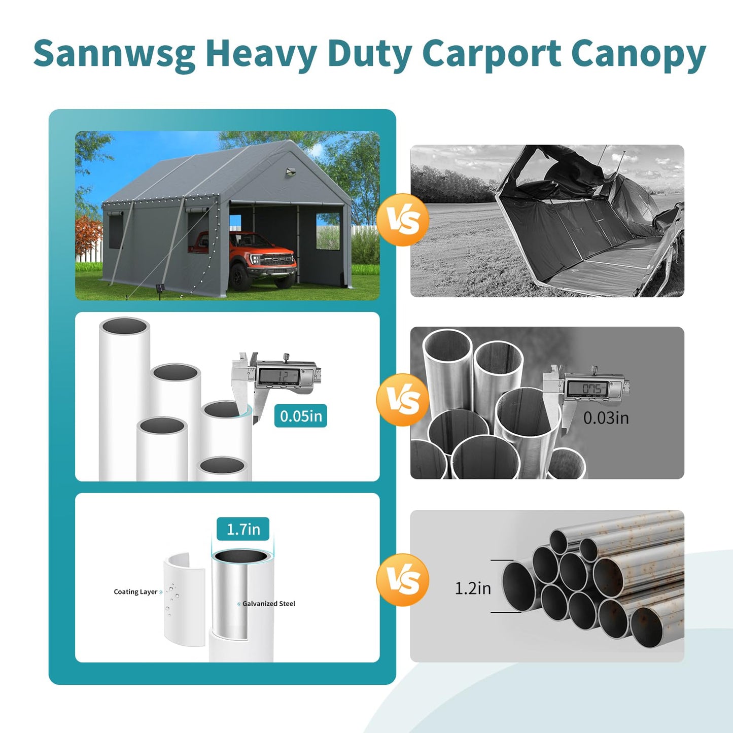 10x16FT Heavy Duty Carport Canopy,Extra Large Portable Car Tent Garage with Roll-up Windows and All-Season Tarp Cover,Removable Roof&Side Wall for Car, SUV,Boats&Truck Shelter Logic Storage
