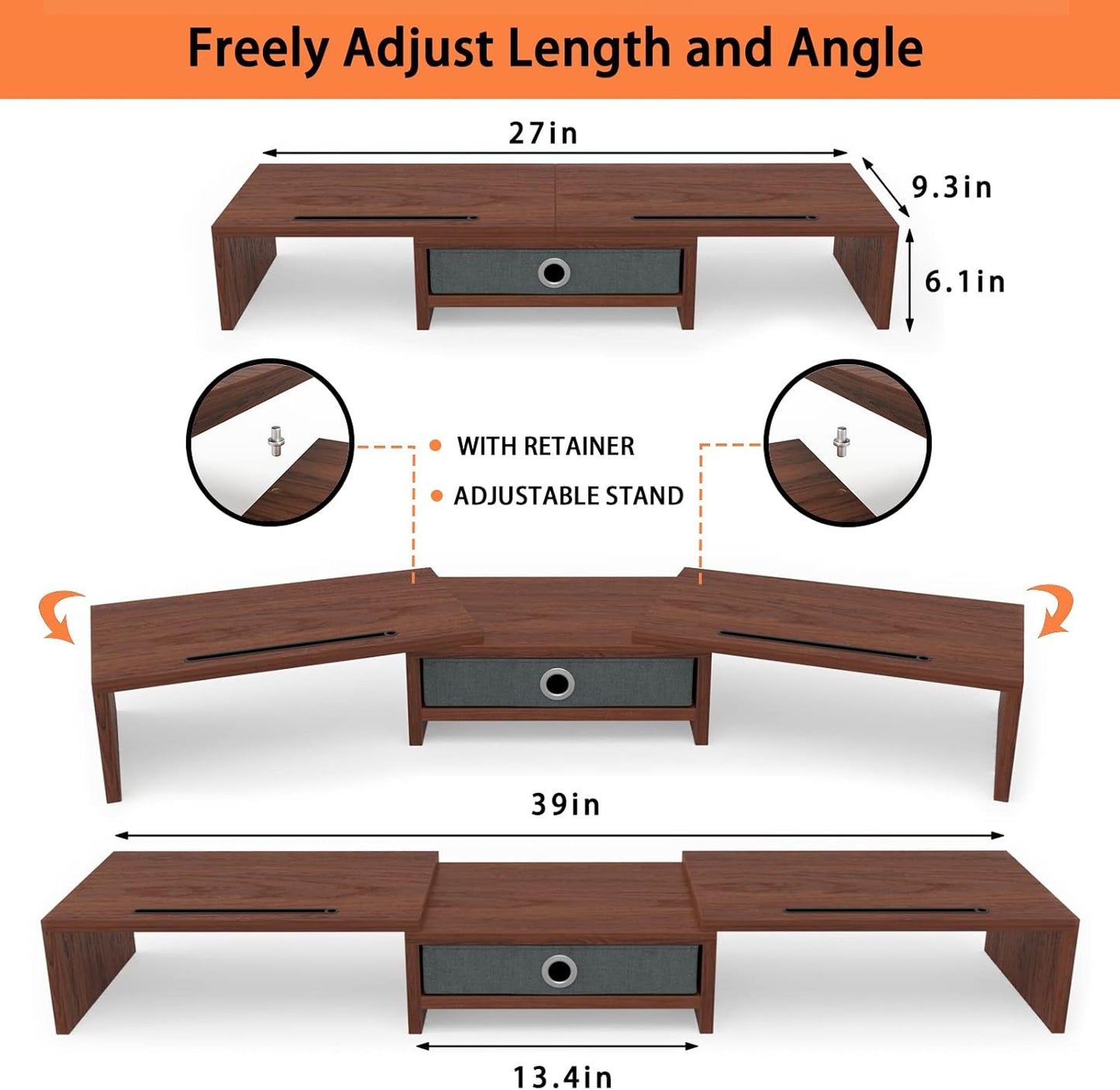 2 WESTREE Dual Monitor Stand Riser with Drawer - Adjustable Length and Angle, Phone Hold, Desktop Organizer