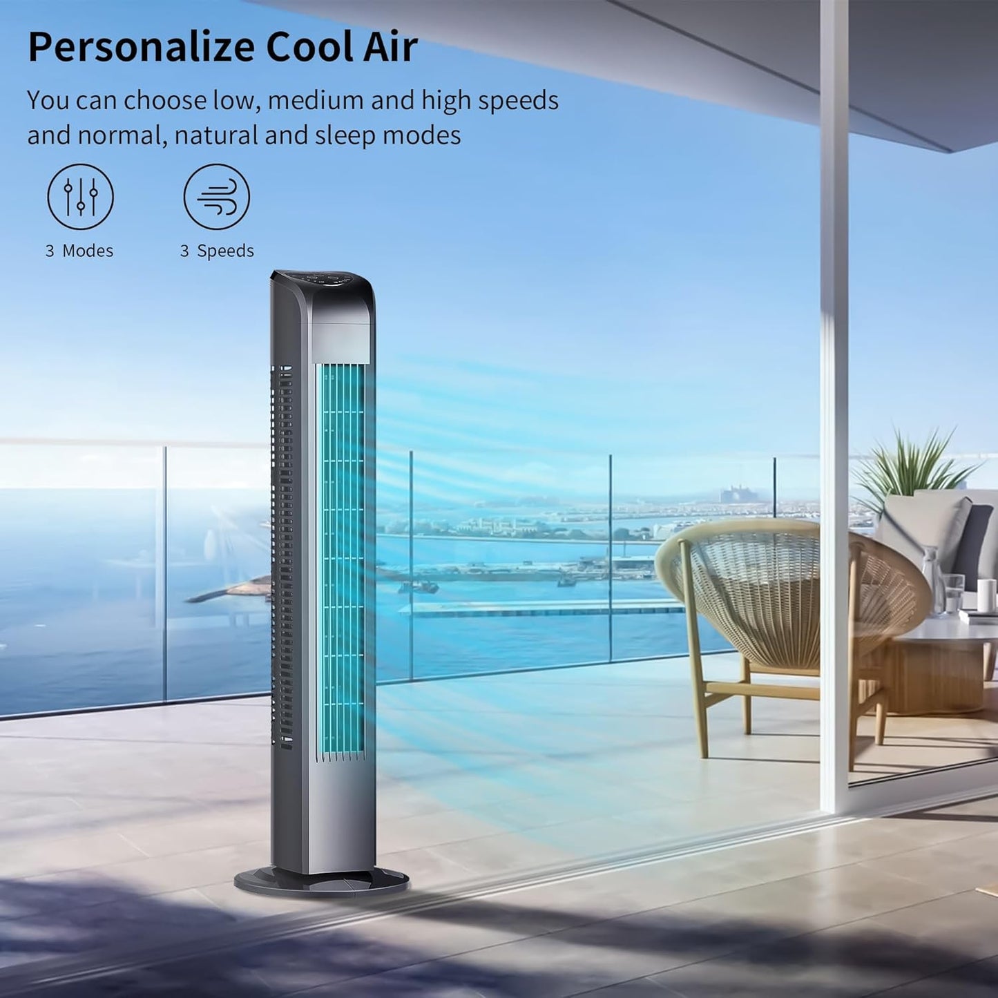 Uthfy Bladeless Tower Fan - 120° Oscillating, Remote Control, 3 Modes, 30 Inch, Black