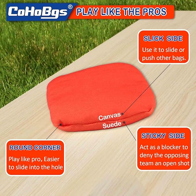 CoHoBgs Corn Hole Bags Set 8, Professional Cornhole Bags Dual-Sided Slick & Stick Resin Filled Suede and Duck Canvas Bean Bag for Cornhole Game Includes Carry Case