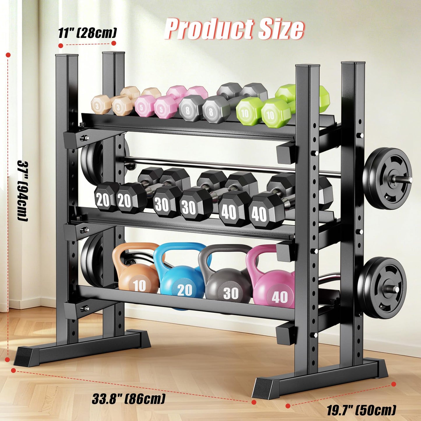 3-Tier Dumbbell Rack, 1300LB Capacity Adjustable Weight Rack for Home Gym, Heavy-Duty Weight Storage Rack for Dumbbells Kettlebells & Barbells (Rack Only)