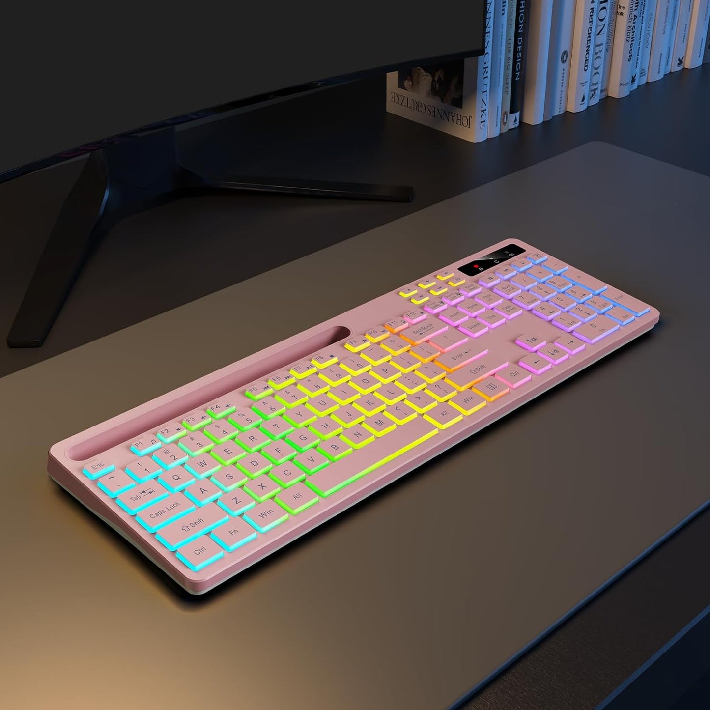 Soueto 7-Color 2.4G Wireless Keyboard with RGB Backlit, Full-Size Computer Keyboard with Phone Tablet Holder