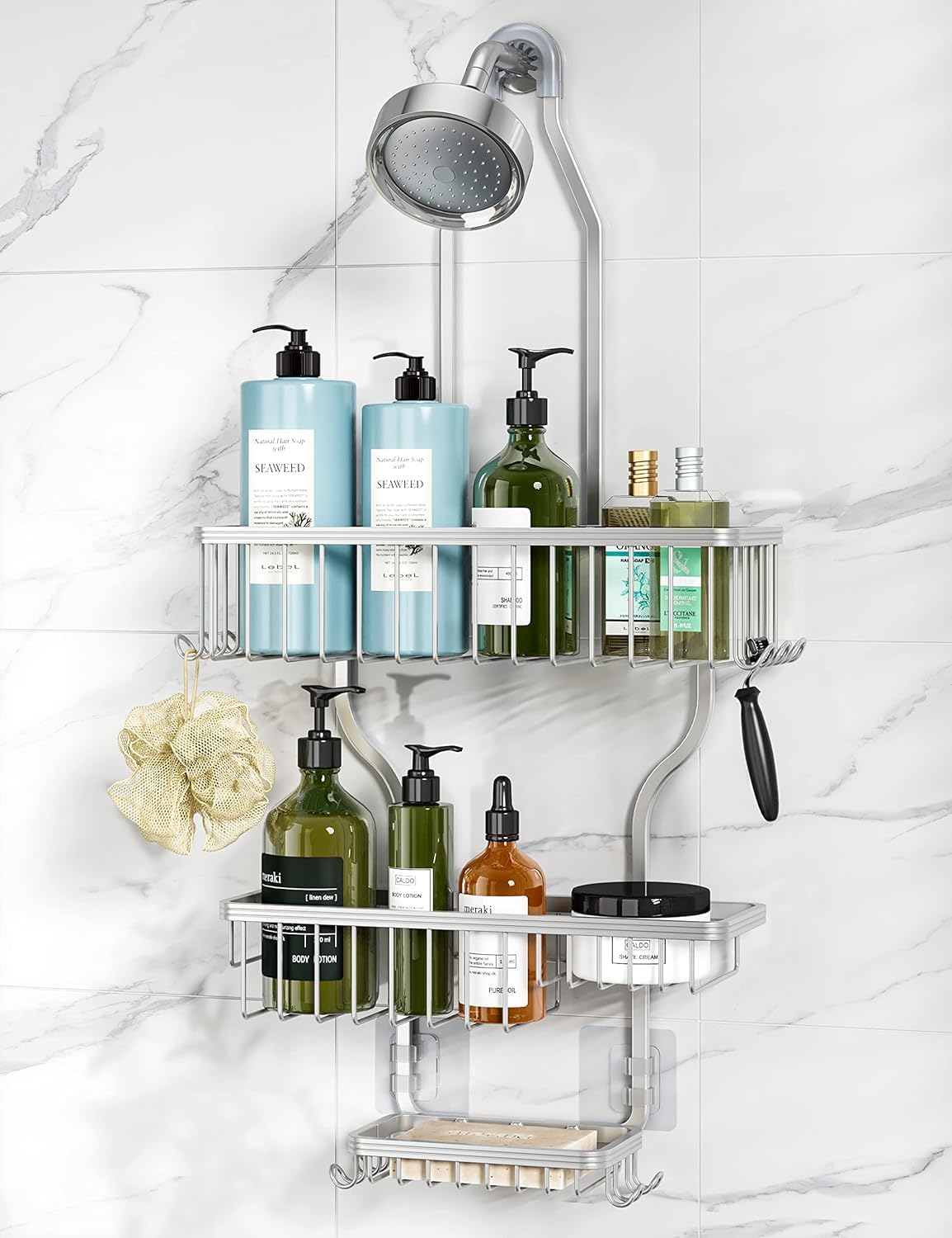 YASONIC Shower Caddy - Rust-Resistant Aluminum Organizer with 10 Hooks & Soap Basket - Silver