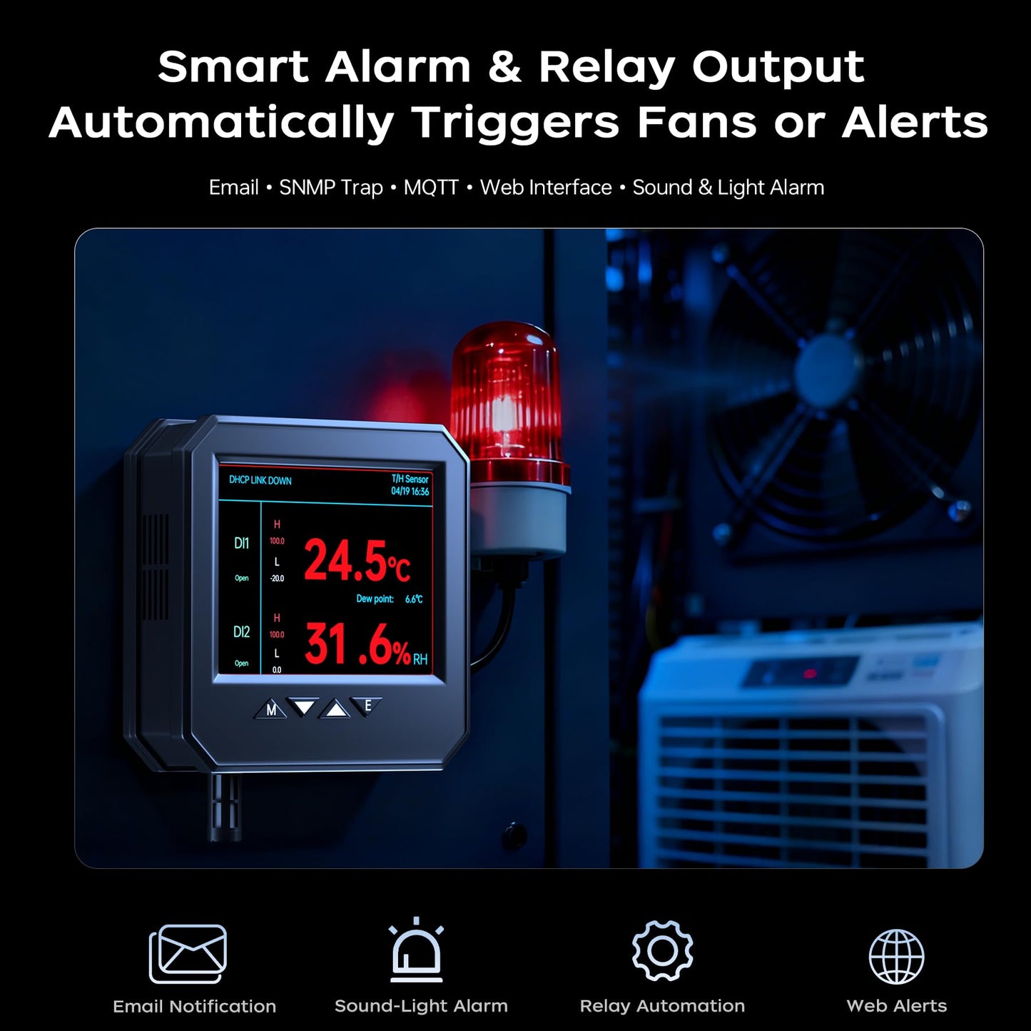 Ethernet Server Room Temperature Monitor (Swiss Sensors) PoE Server Rack Temperature Humidity Sensor with Web Interface, SNMP Modbus MQTT Support, Dual Power, IP55, Data Logging, Alarm & Relay Output