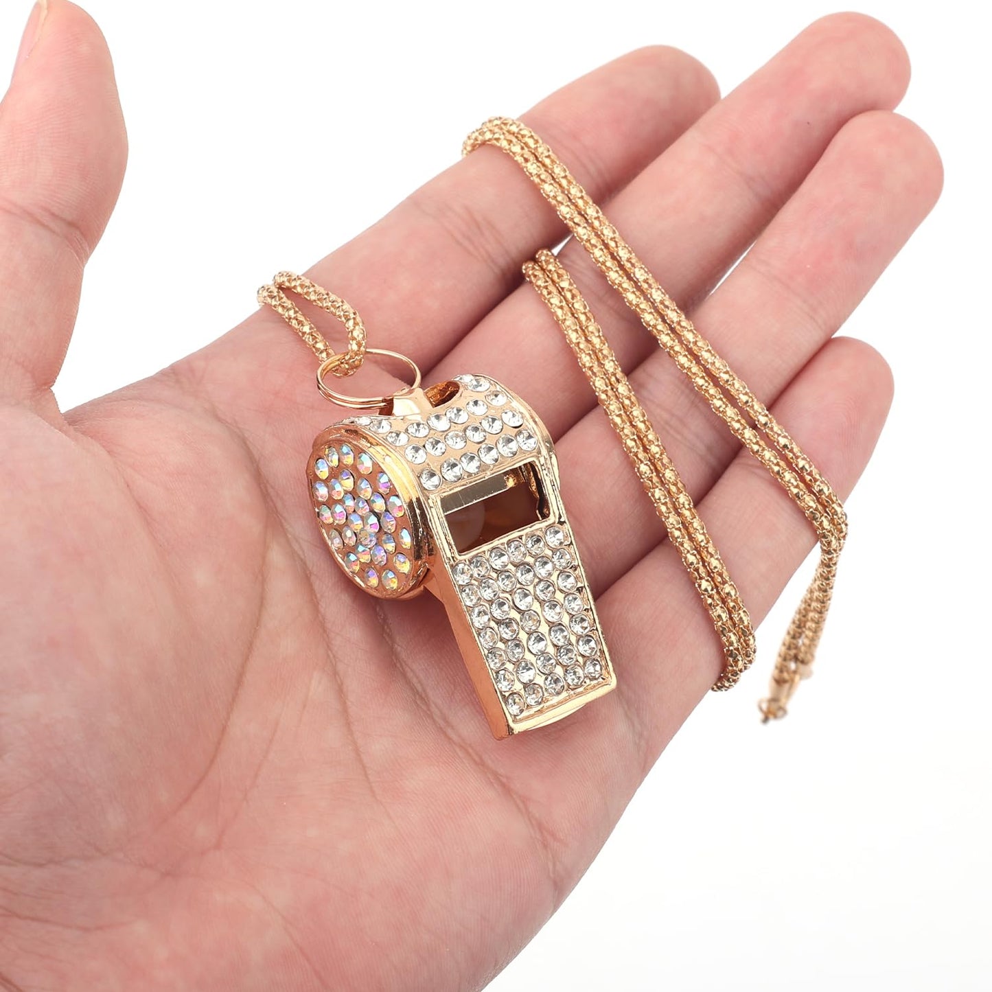 Gosknor 2pcs Gold Diamond Metal Bling Crystal Rhinestone Whistles with Golden Chain Lanyard Shining Loud Sound Sports Gift Gear for Referees, Teachers, Officials, Basketball, Football Training