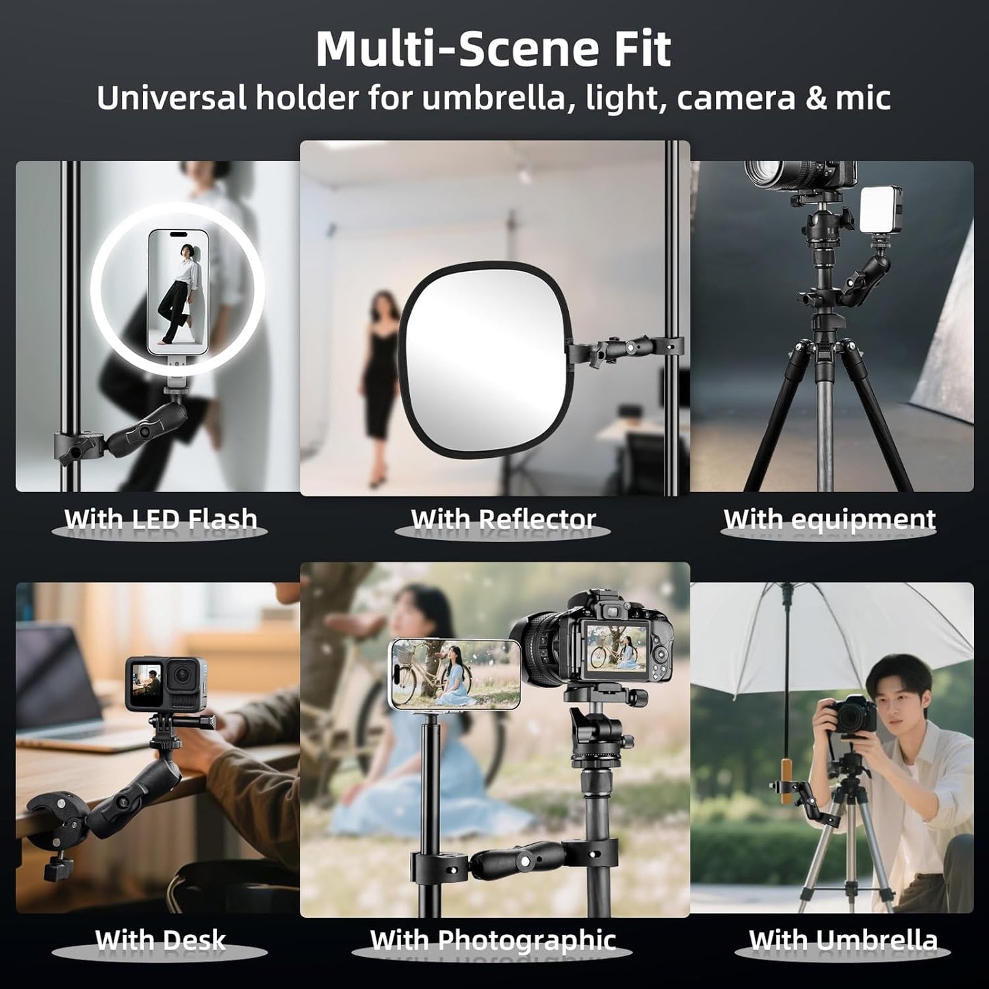 BRDRC Double Clamp Mount Umbrella Holder Camera Pole Bracket for Stroller Wheelchair Monitor Magic Socket Arm Desk