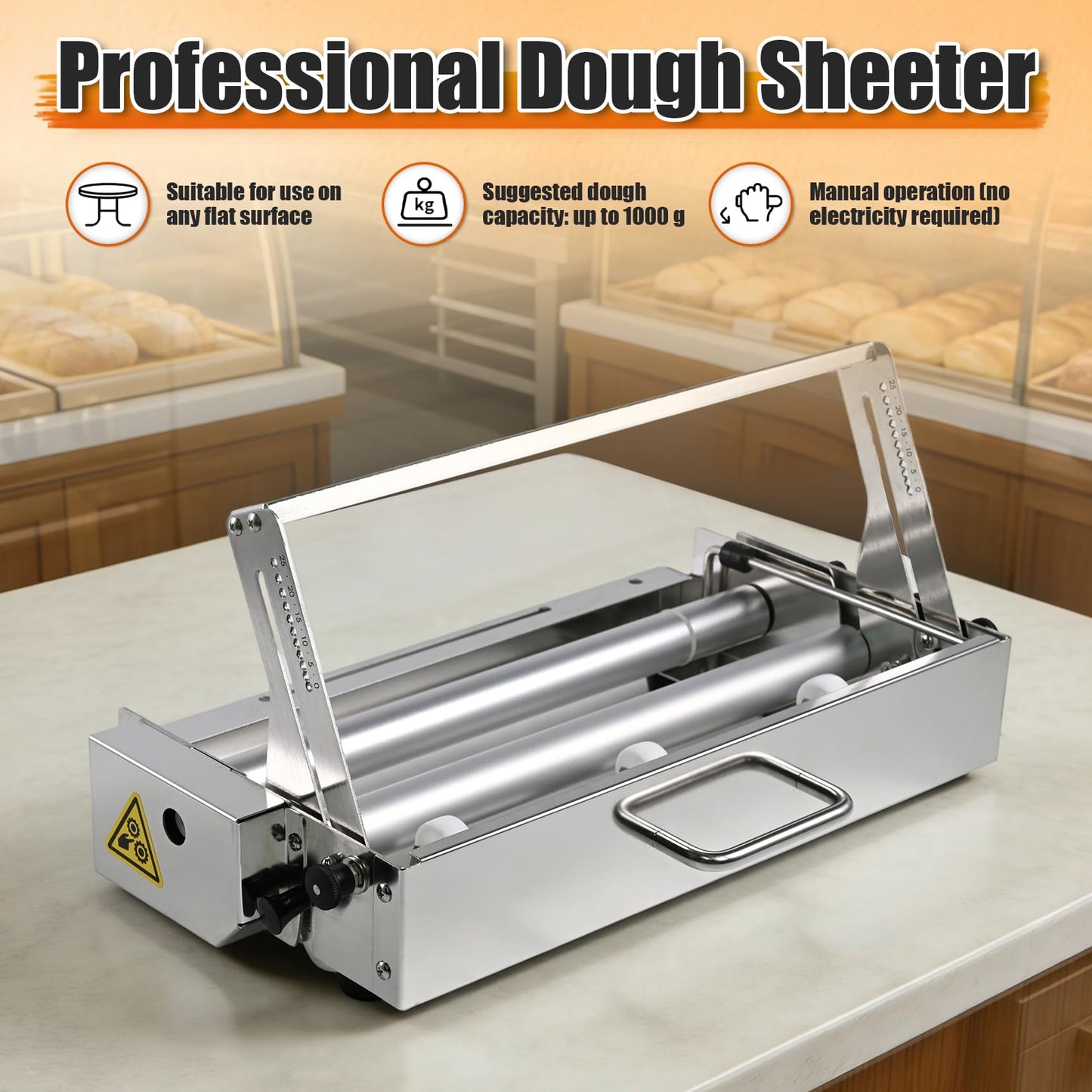 Folding Dough Sheeter (15.5")，Dough Sheeter，Manual Dough Sheeter，Commercial Dough Roller Sheeter，55 thickness options，Suitable for pizza, croissants, puff pastry, Stainless Steel（1 Rolling Boards）