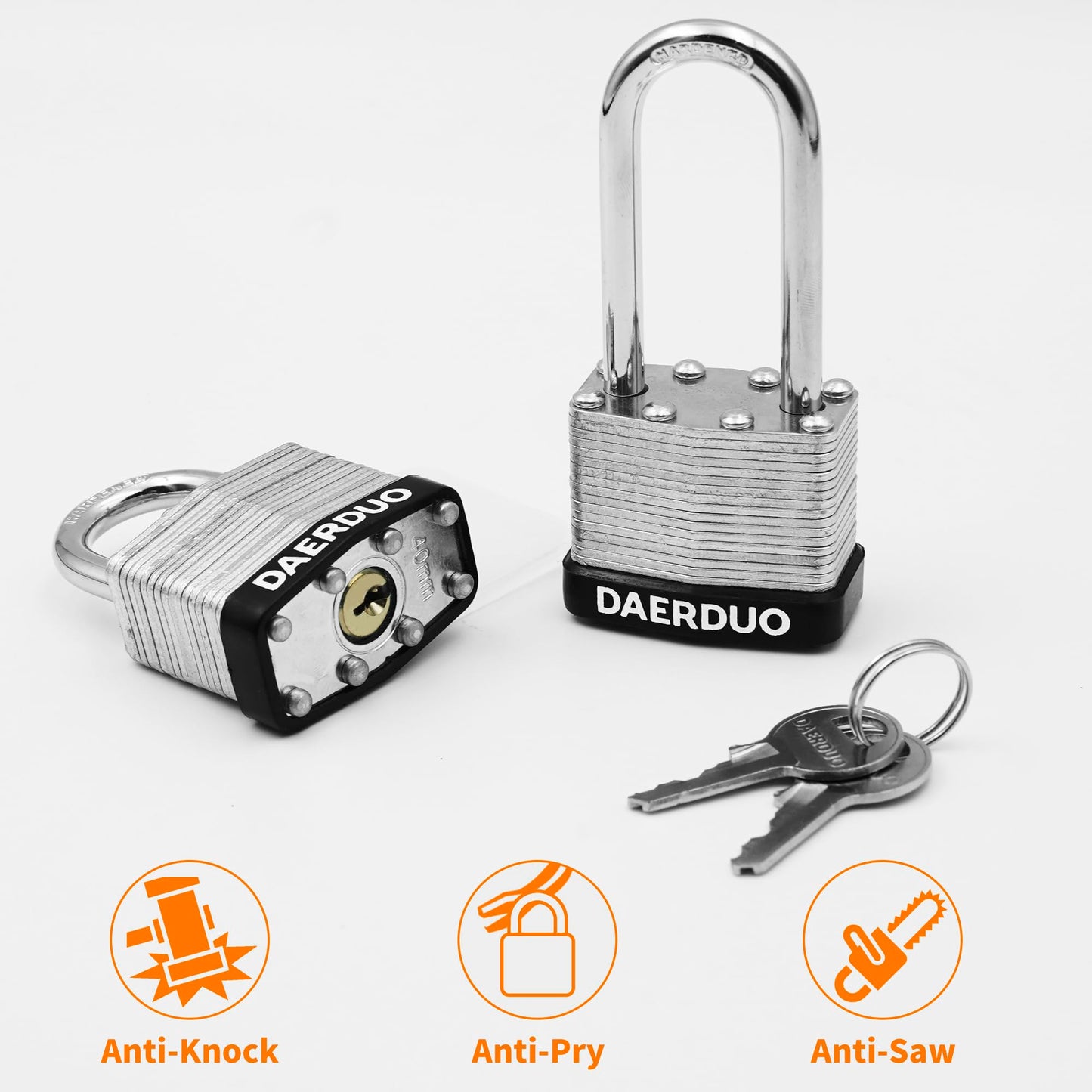 DAERDUO 48 Pack 40 mm (1-9/16") Keyed Alike Laminated Padlocks with 96 Keys, Hardened Steel Long Shackle, Heavy-Duty Locks for Gym Lockers, Toolboxes, School Lockers, and Hasp Latches