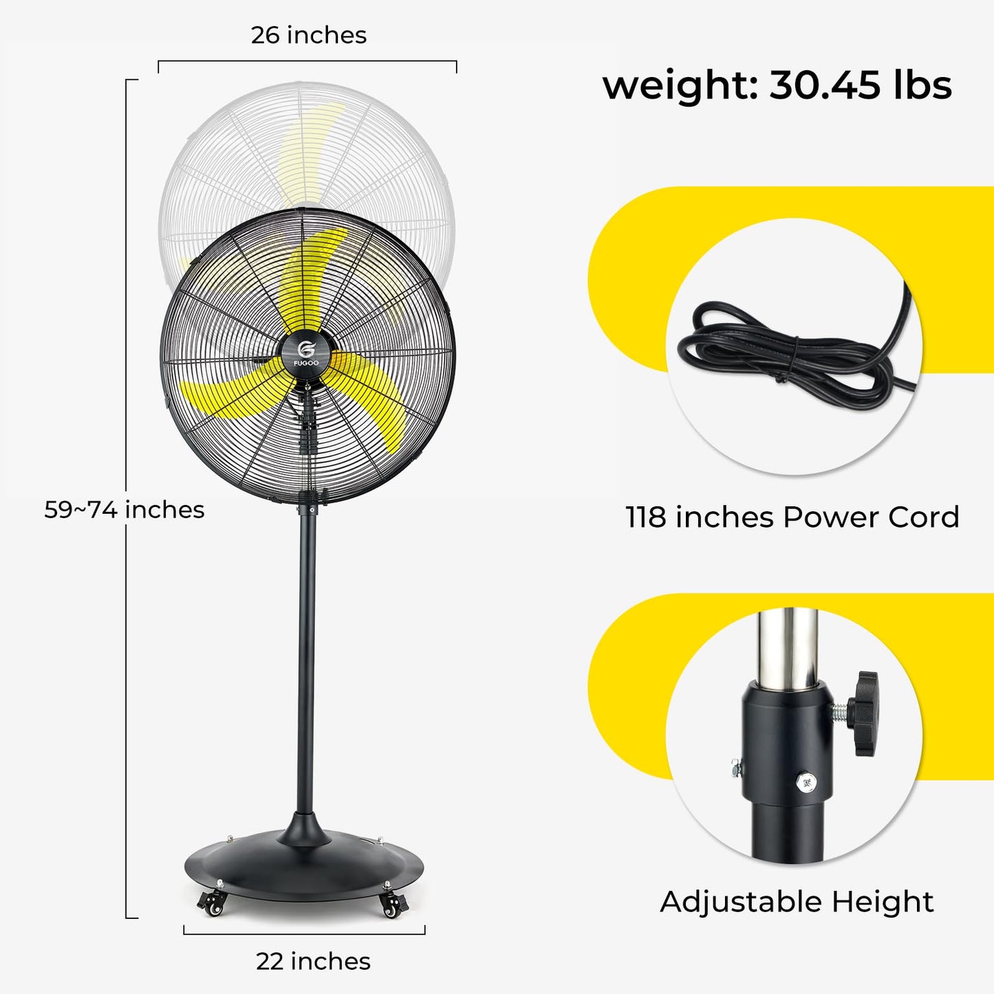 FUGOO 24'' Outdoor Oscillating Pedestal Fan With All Sealed Brushless DC Motor, 4-Speed Waterproof Outdoor Fan, Heavy Duty Industrial Floor Fans for House,Patios, Commercial, Garage, Warehouse
