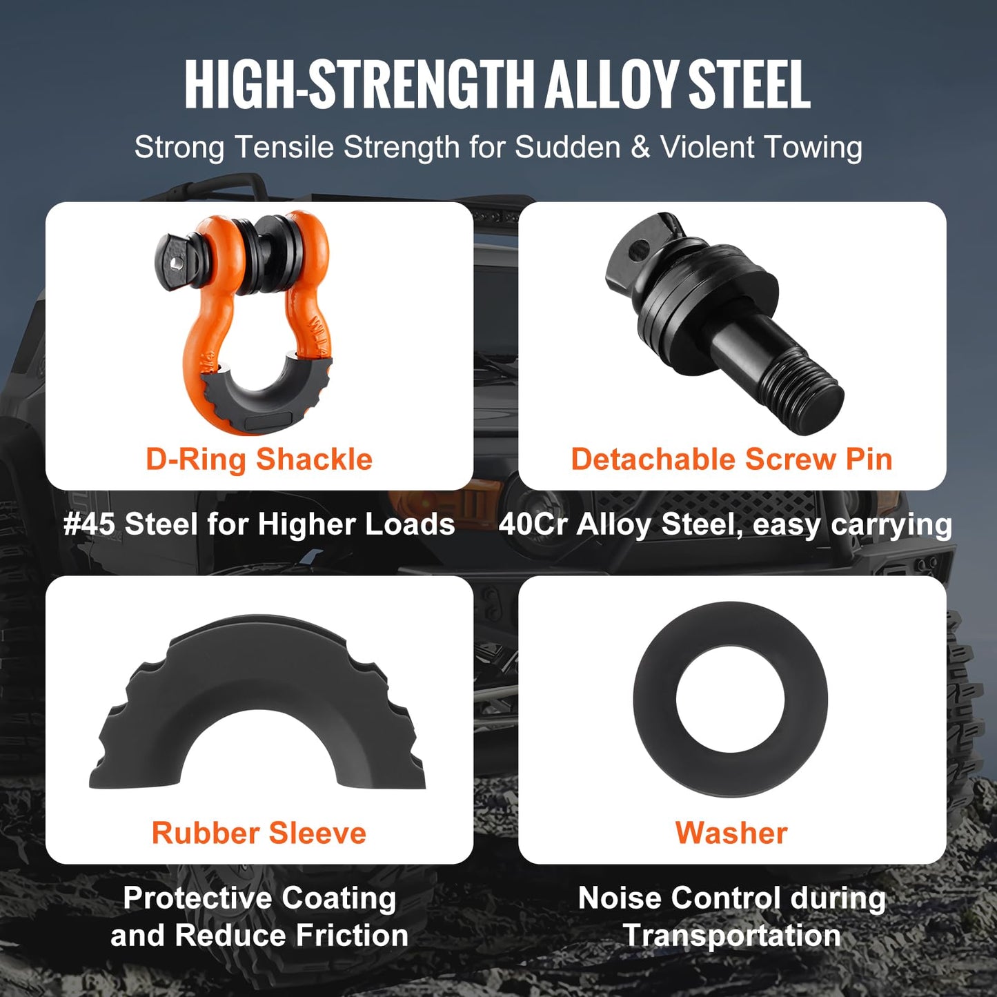 VEVOR 3/4" D Ring Shackle, Orange Shackles for Truck with 7/8” Screw Pin 62832 lbs(28.5 Ton) Break Strength Black Isolator Washers Kit, Winch Towing Shackle for Truck Jeep Heavy Duty Off Road Recovery