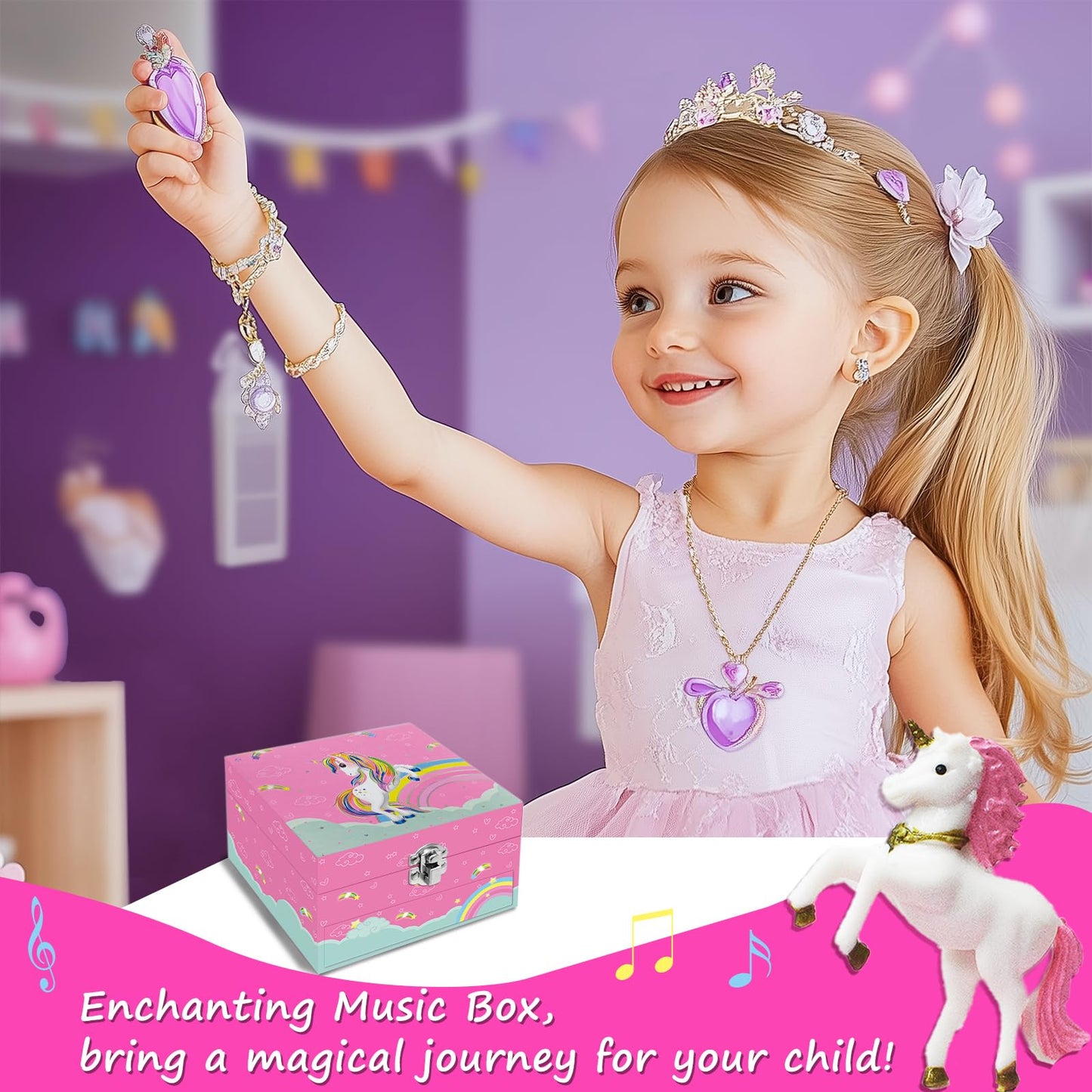 JOEKIKIMD Magical Unicorn Jewelry Box for Girls - Spinning Unicorn with Jewelry Drawer - Kids Music Box 6-12 Birthday Easter Christmas Gift, 5.9 x 5.1 x 3.5 Inches