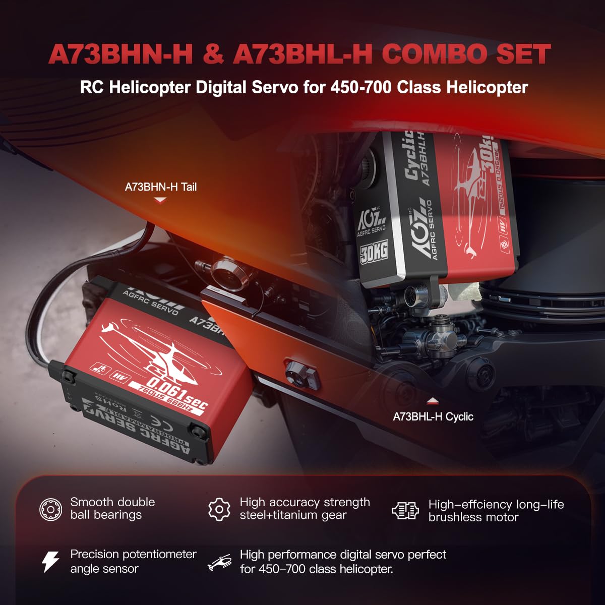 AGFRC RC Helicopter Servo Set - 0.061Sec Tail & 30KG Swashplate Brushless Metal Gear Servos for 450-700 Class Helicopter(A73BHN-H & A73BHL-H)