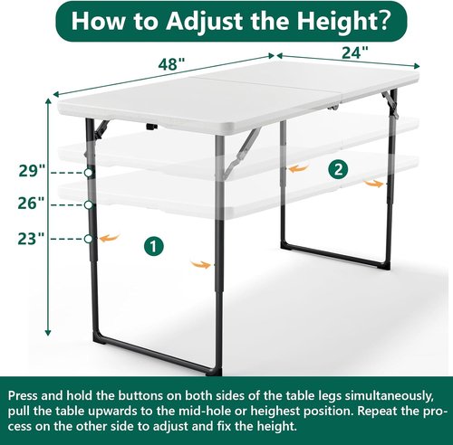 Folding Table | 4ft Heavy-Duty Fold-in-Half Plastic Table with Adjustable Height - Portable for Indoor & Outdoor Use (White)