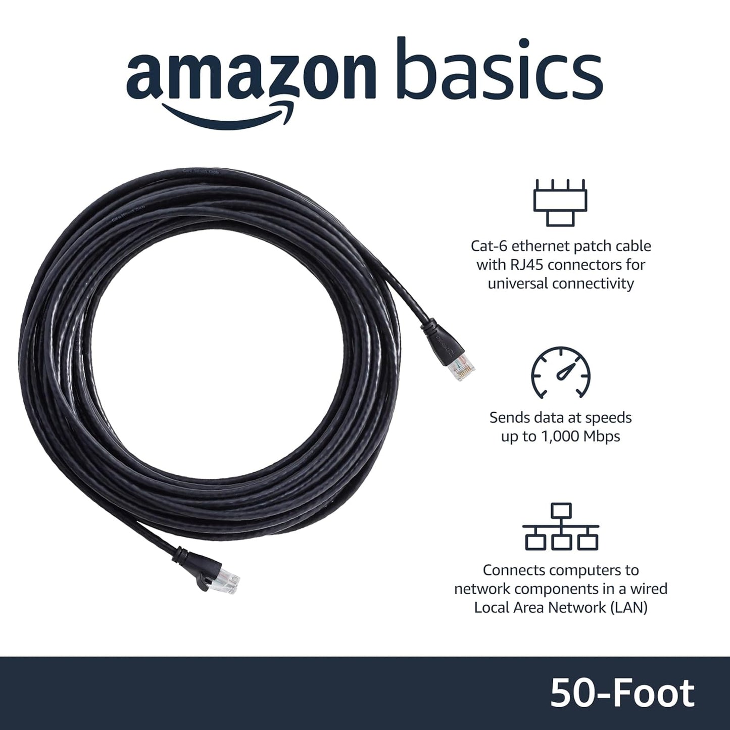 RJ45 Cat-6 1Gbps 50 Amazon Basics Ethernet Patch Internet Cable, Transfer Speed, Gold-Plated Connectors, Foot, for PC