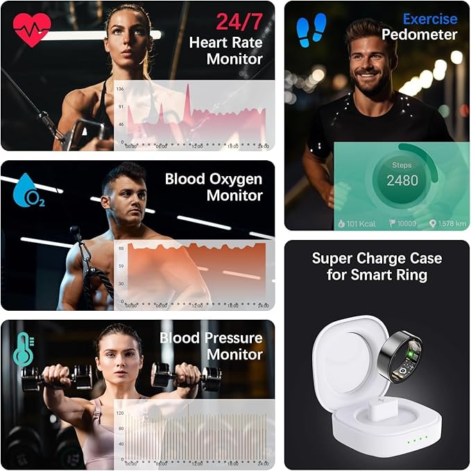 Health Tracker Ring, Smart Health Ring for Women Men with Heart Rate, Blood Oxygen,Sleep Monitor, Steps,Calories, No SubscriptionFee,lP68 Waterproof Smart Ring for iPhone &Android (Black. 6#)