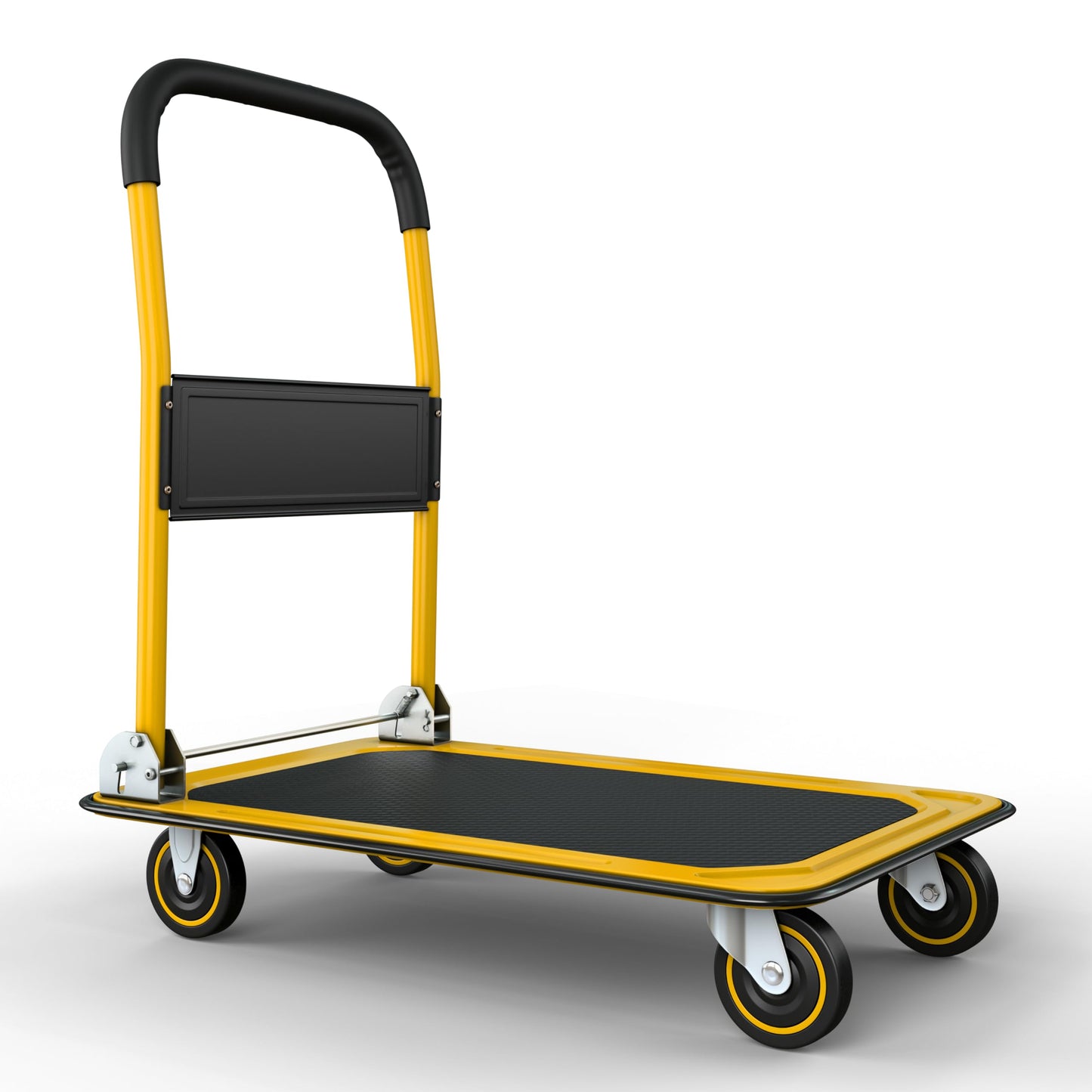 Heavy Duty Foldable Push Cart Dolly | 330 lbs. Capacity | Upgraded Collapsible Hand Truck Folding Platform with Swivel Wheels | Flat Bed Moving Wagon | Space Saving Push Handle (Yellow)