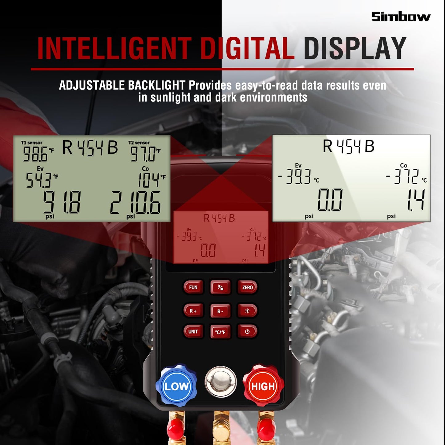 Simbow Digital Manifold Gauge, AMF-300 Digital AC Gauge Set HVAC Gauges with Super Soft 3000 Psi Air Hose Strong Biting Force Temperature Clamp for HVAC System Install Tool A2L R454B R-32 R-1234yf