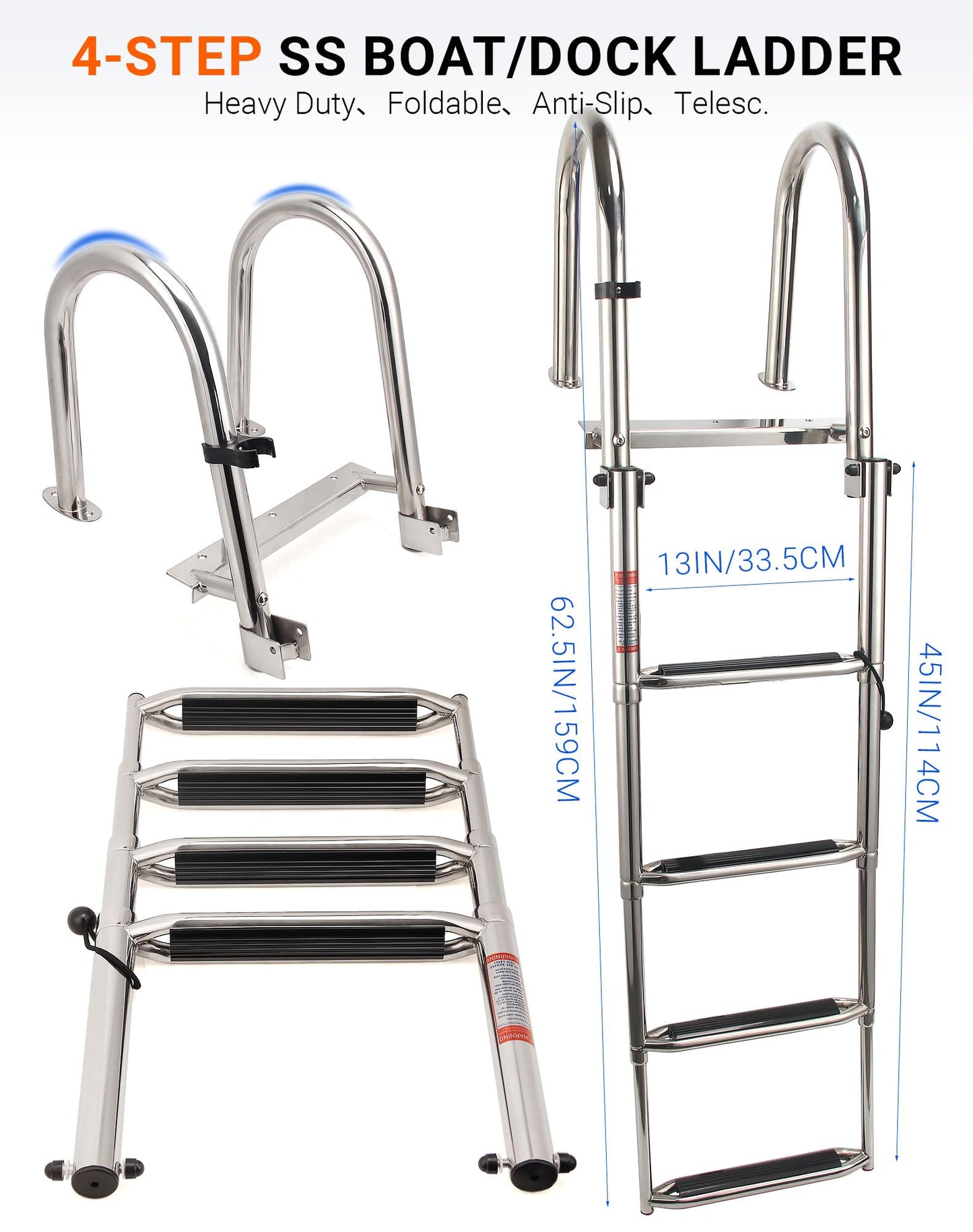 Mojiate 4-Step Stainless Steel Telescoping Dock Ladder for Pontoon Boats - Heavy Duty 600lbs Capacity, Foldable Rear Entry Swim Ladder with Wide Anti-Slip Pedals & Handrails