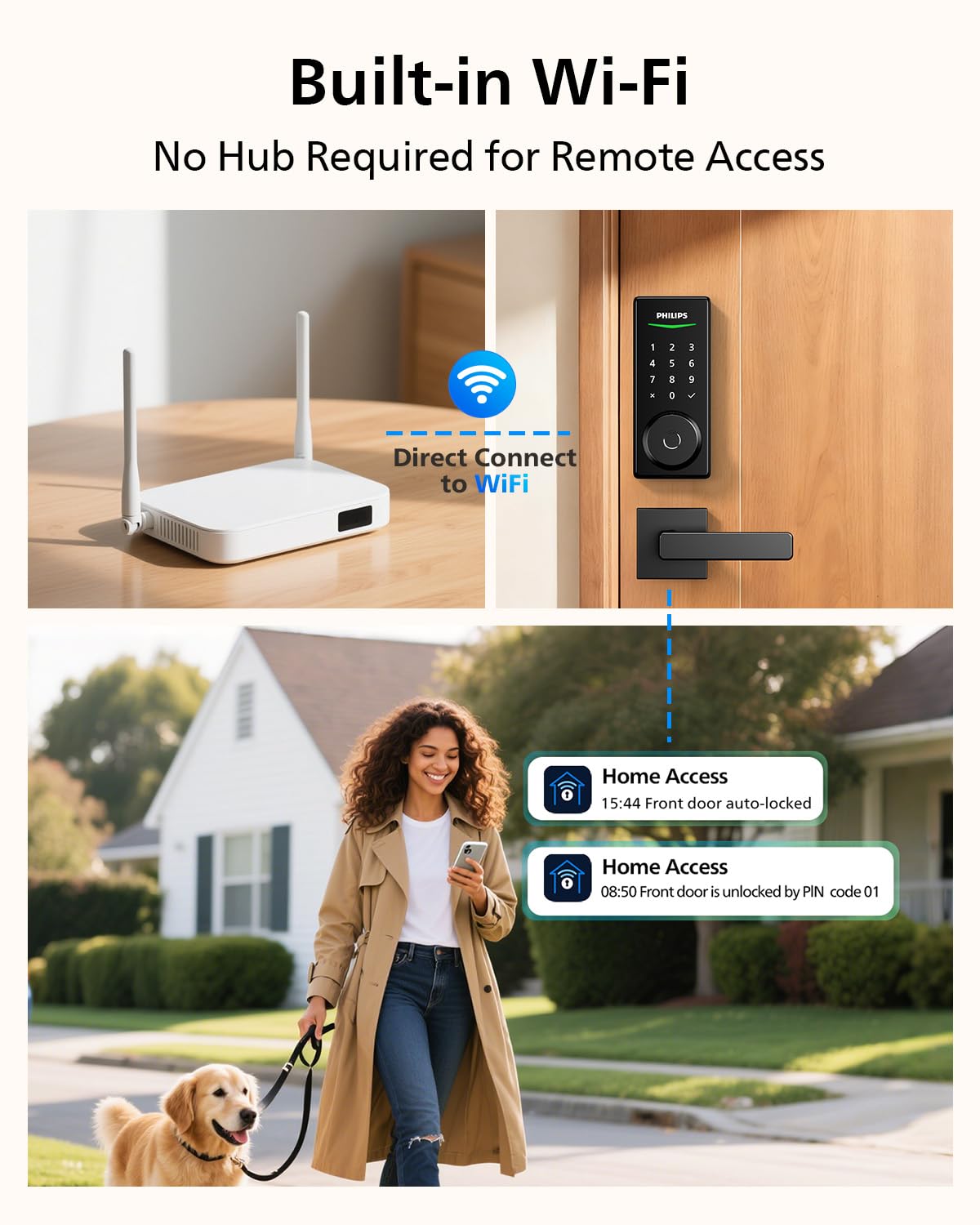Philips Built-in WiFi Smart Lock, Keyless Entry Door Lock with App, Touchscreen, Fingerprint Door Lock — Compatible with Alexa & Google, Splash-Proof Design, Includes 8 Batteries, Black