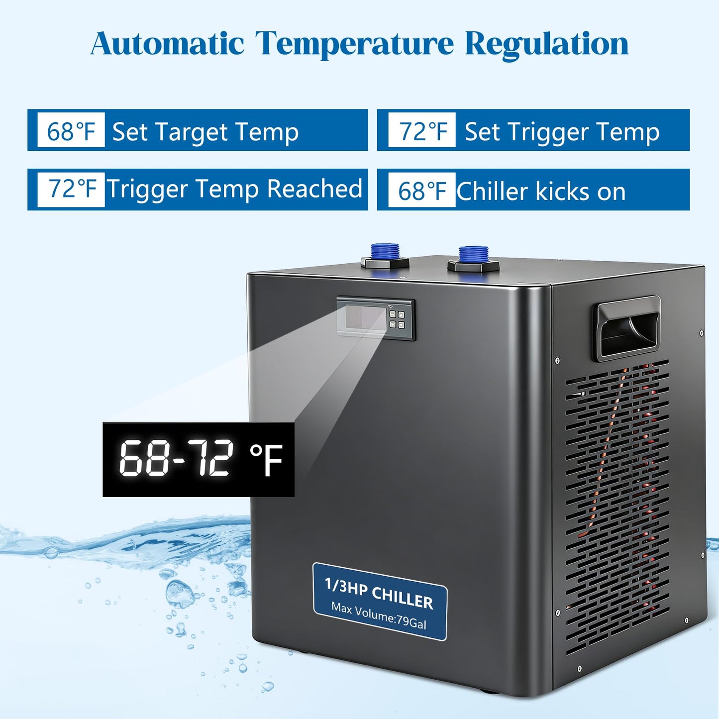 Togsher 1/3 HP Aquarium Chiller for 79 Gallon Tank, Ultra-Quiet Water Cooling System with Energy-Saving Mode, Reliable Temperature Control for Saltwater Freshwater Fish Tank, Reef Coral Axolotl