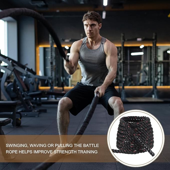 MECCANIXITY Battle Rope 30ft x 1 Inch Polyester Workout Rope Heavy Fitness Exercise Rope for Strength Training Home Gym Muscle Building, Black Red