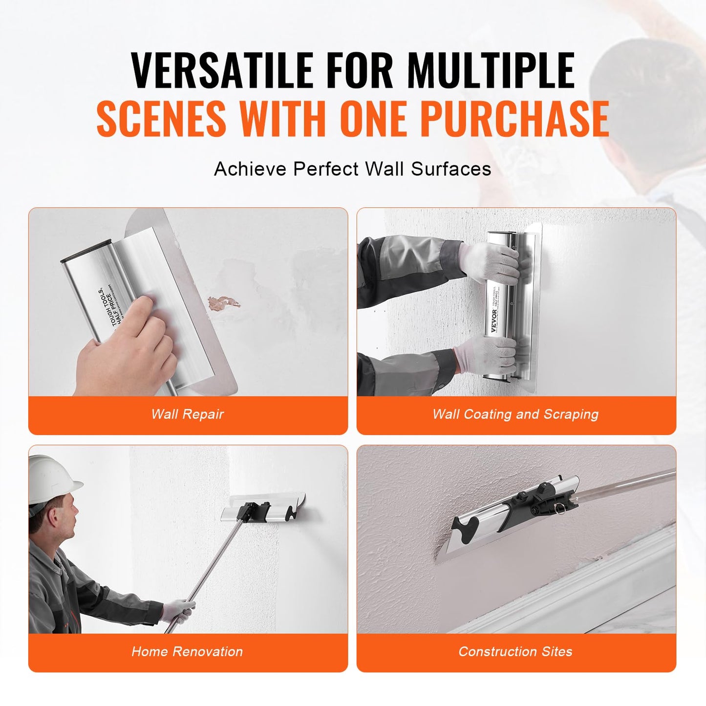 VEVOR Drywall Skimming Blade Set, 7/10/14/16/24 in Skimming Blades + 34-81.6 in Extension Handle Pole, Stainless Steel Knife Professional Skim Coat Tools, for Gyprock/WallBoard/Plasterboard