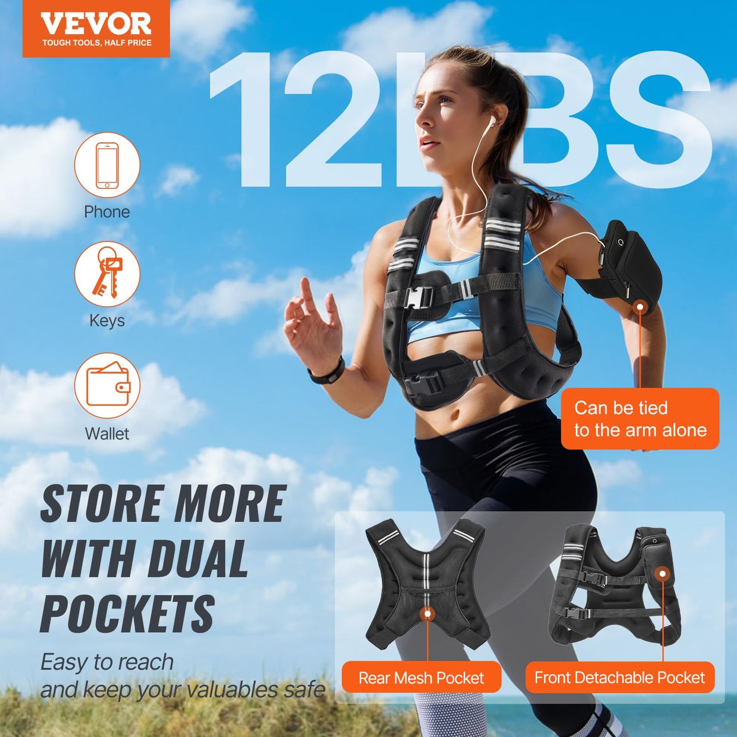 VEVOR Weighted Vest, 12 lbs Weight Vest with Reflective Stripe, Adjustable Buckle Body Weight Vest for Men Women, Workout Equipment for Strength Training, Running, Jogging, Fitness, and Weight Loss